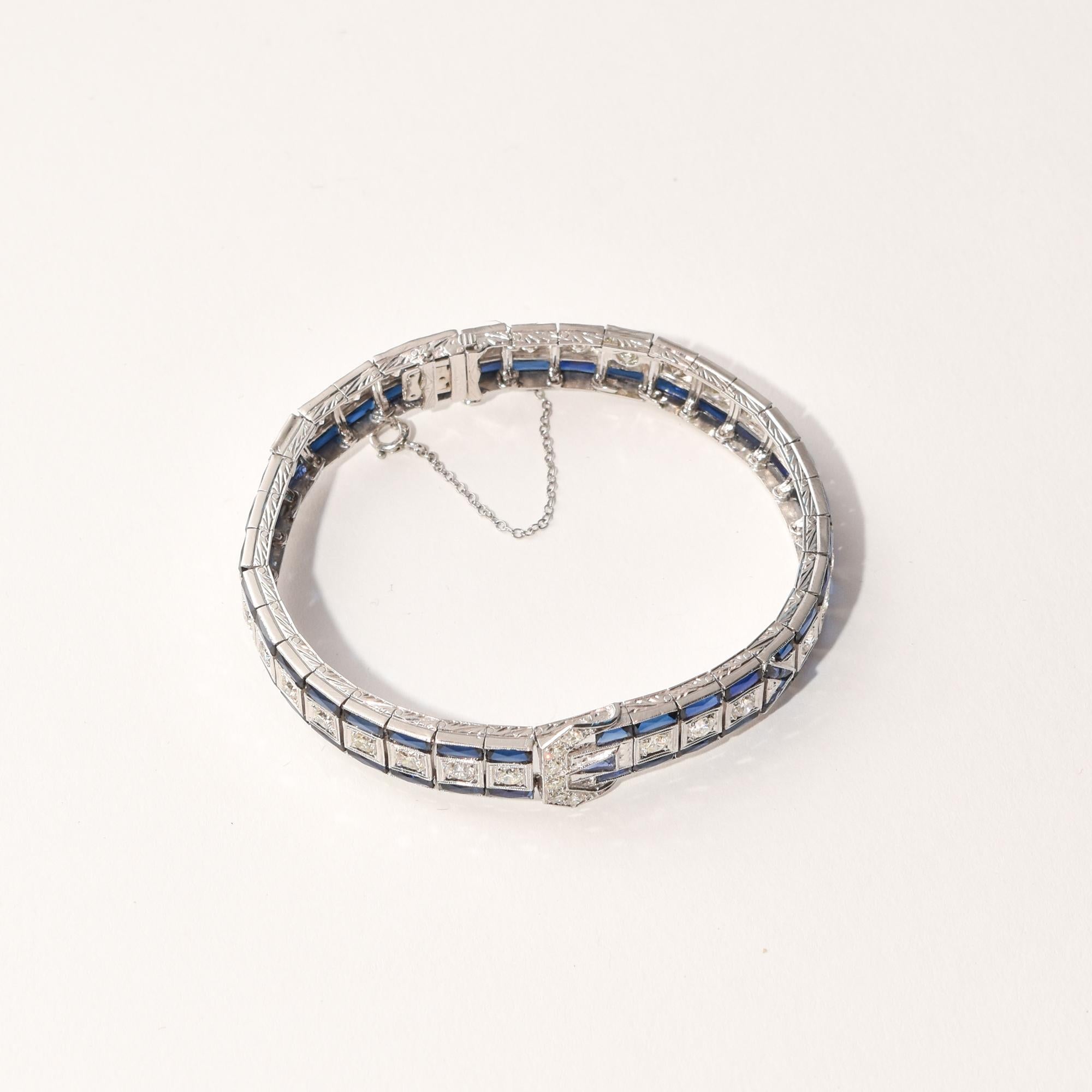 Platinum Diamond & Sapphire Belt Buckle Link Bracelet, Art Deco Style For Sale 5