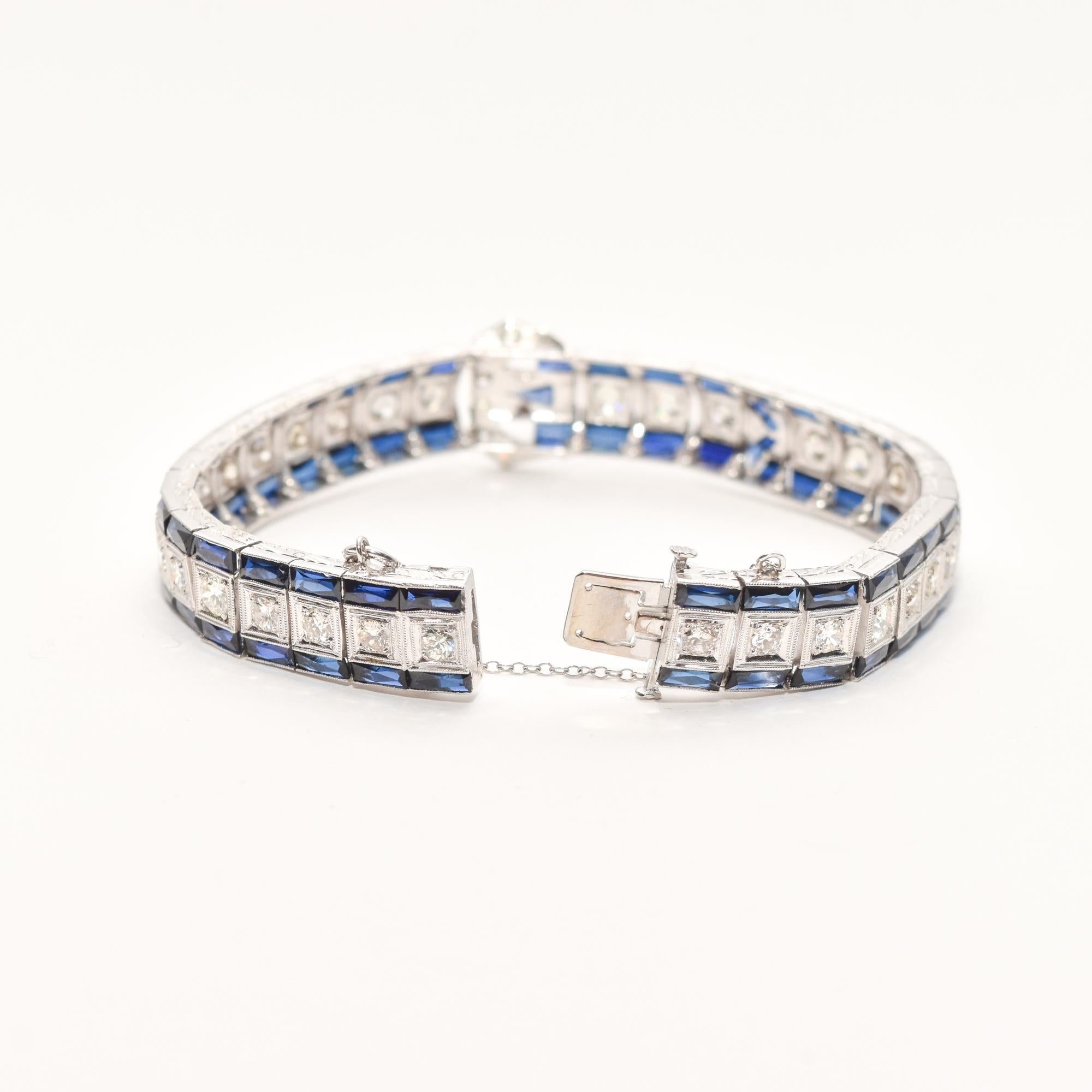 Platinum Diamond & Sapphire Belt Buckle Link Bracelet, Art Deco Style For Sale 6