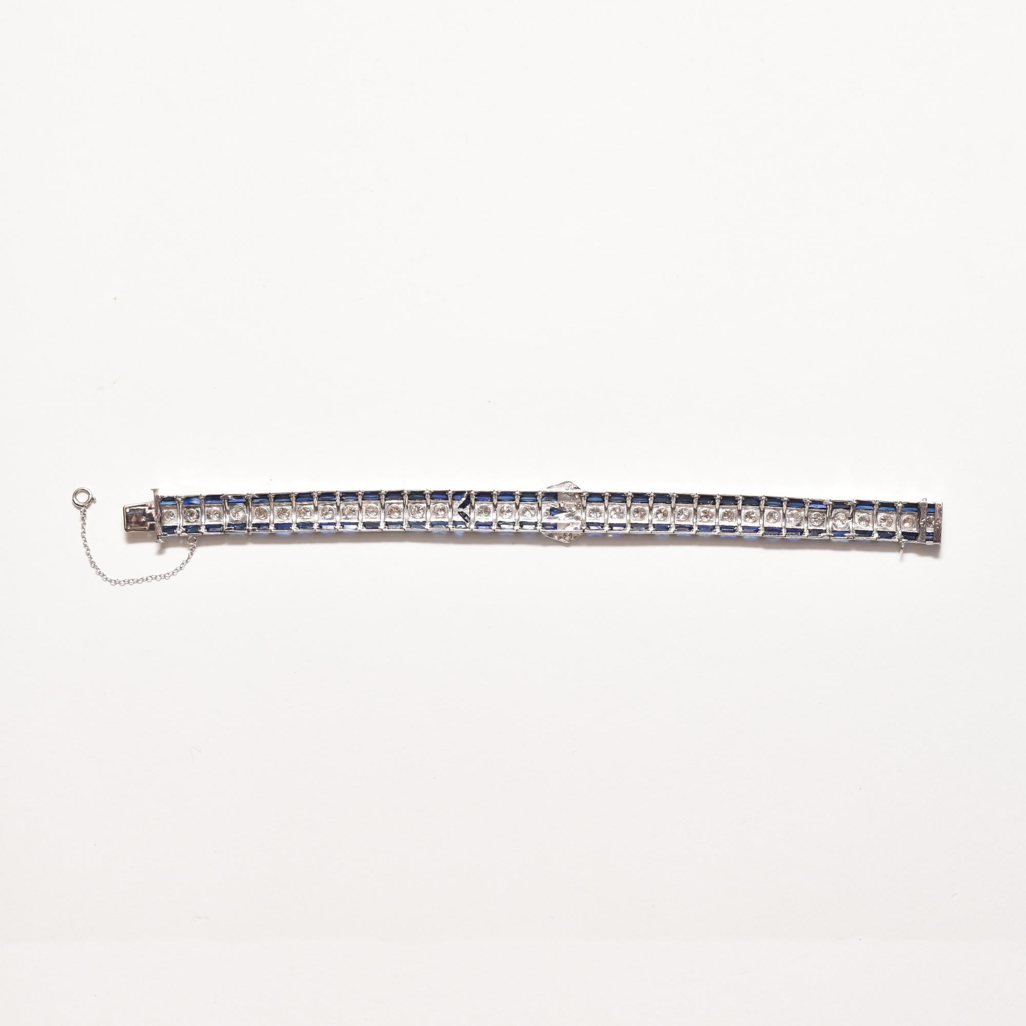 Platinum Diamond & Sapphire Belt Buckle Link Bracelet, Art Deco Style For Sale 7