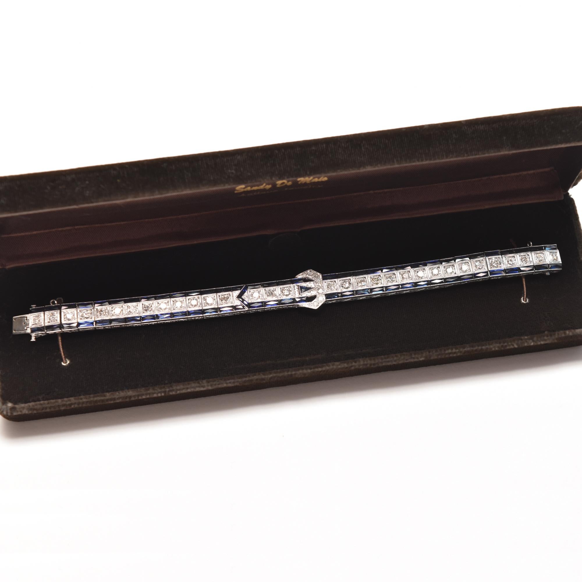 Platinum Diamond & Sapphire Belt Buckle Link Bracelet, Art Deco Style For Sale 10