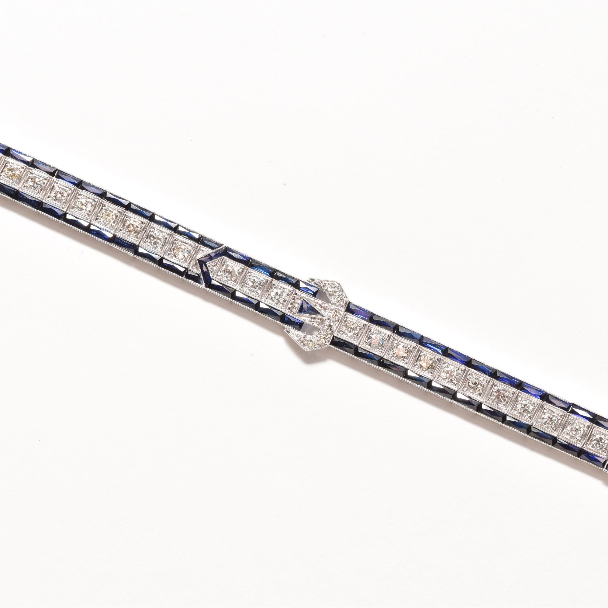 Women's Platinum Diamond & Sapphire Belt Buckle Link Bracelet, Art Deco Style For Sale