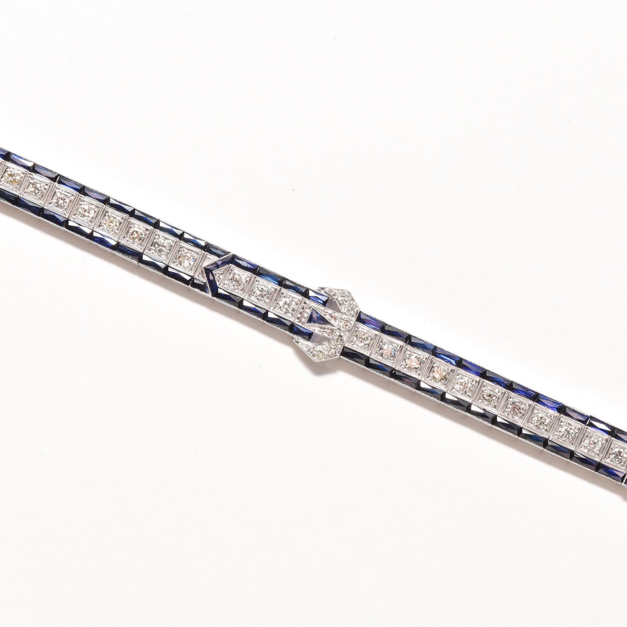 Platinum Diamond & Sapphire Belt Buckle Link Bracelet, Art Deco Style In Excellent Condition For Sale In Philadelphia, PA