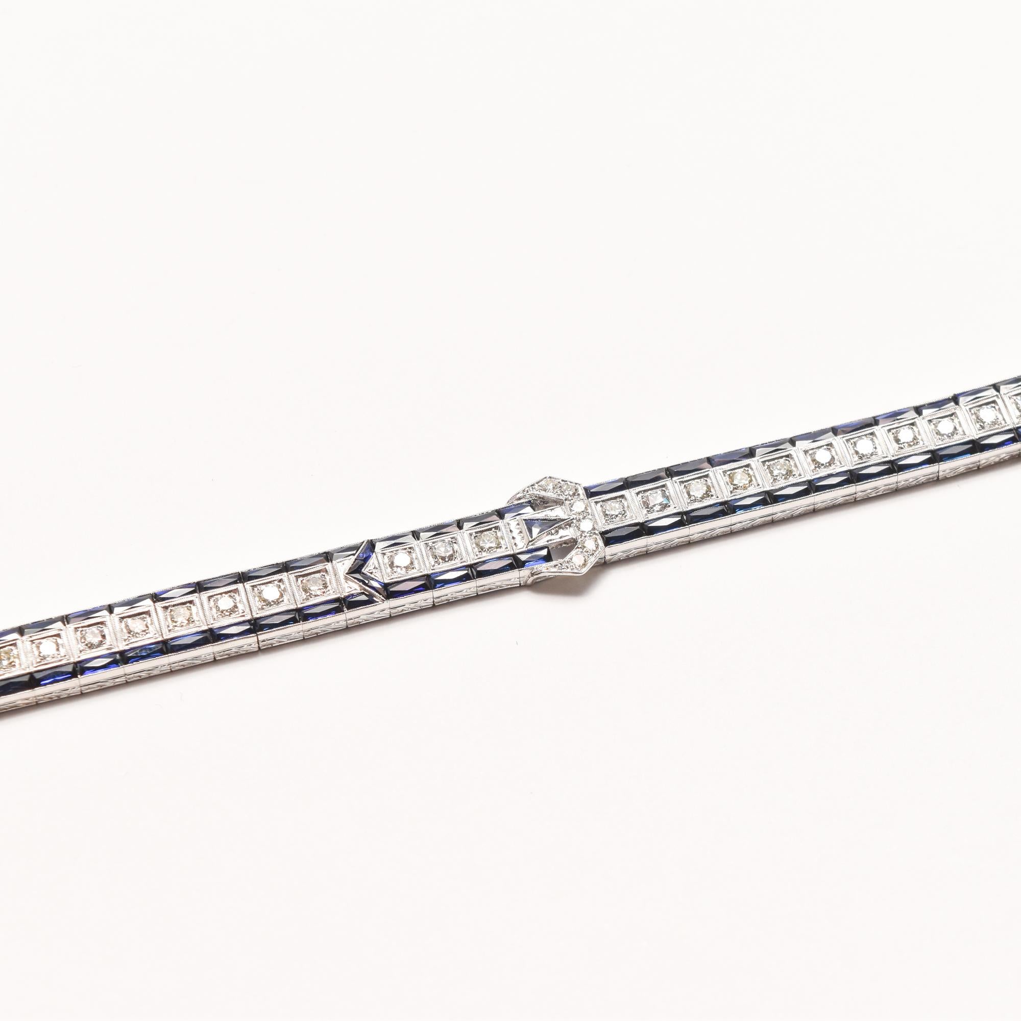 Platinum Diamond & Sapphire Belt Buckle Link Bracelet, Art Deco Style For Sale 1
