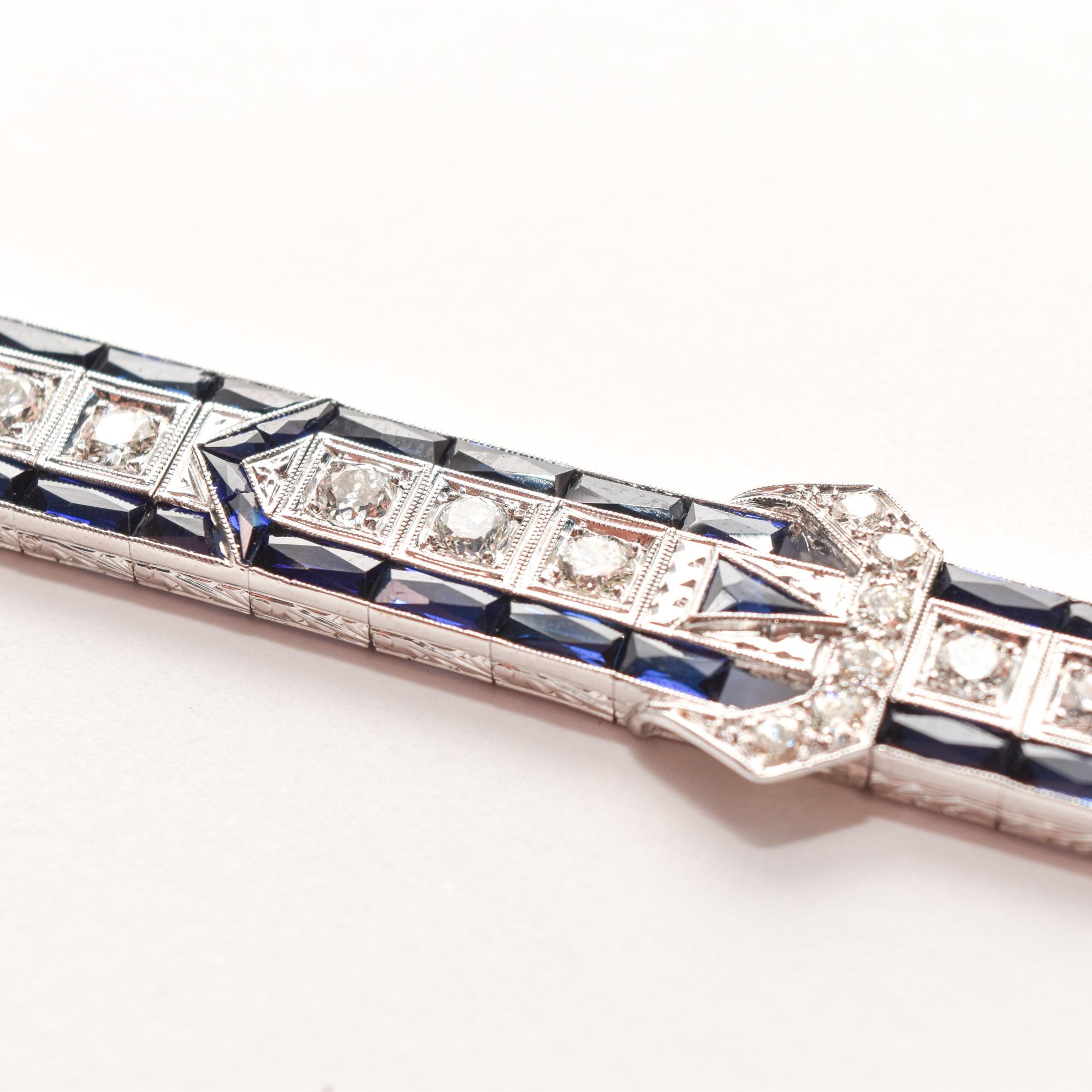 Platinum Diamond & Sapphire Belt Buckle Link Bracelet, Art Deco Style For Sale 2
