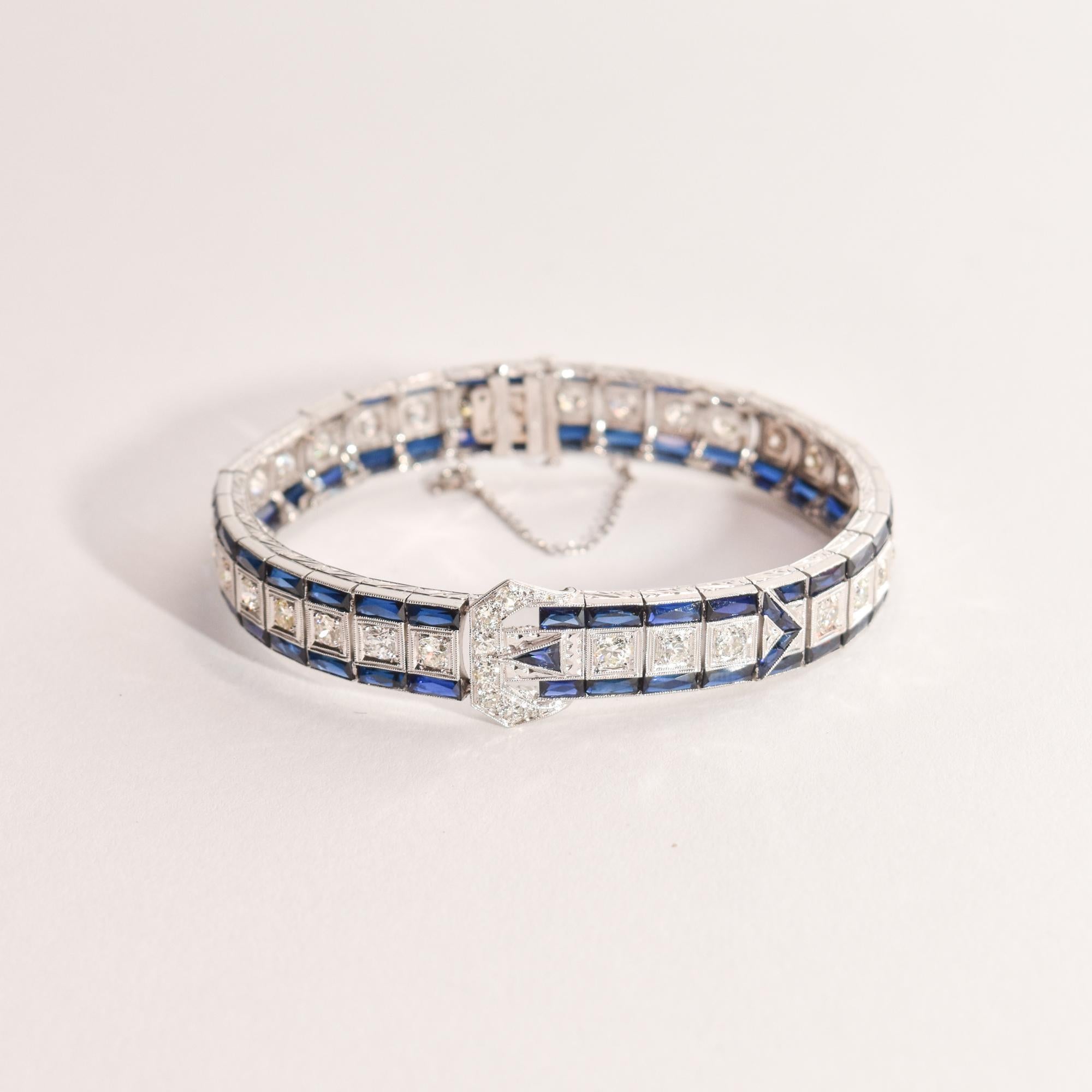 Platinum Diamond & Sapphire Belt Buckle Link Bracelet, Art Deco Style For Sale 3