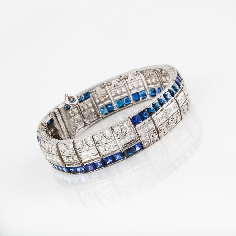 Platinum Diamond Sapphire Bracelet For Sale at 1stDibs