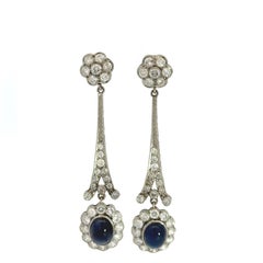 Platinum Diamond Sapphire Cabochon Dangle Long Earrings