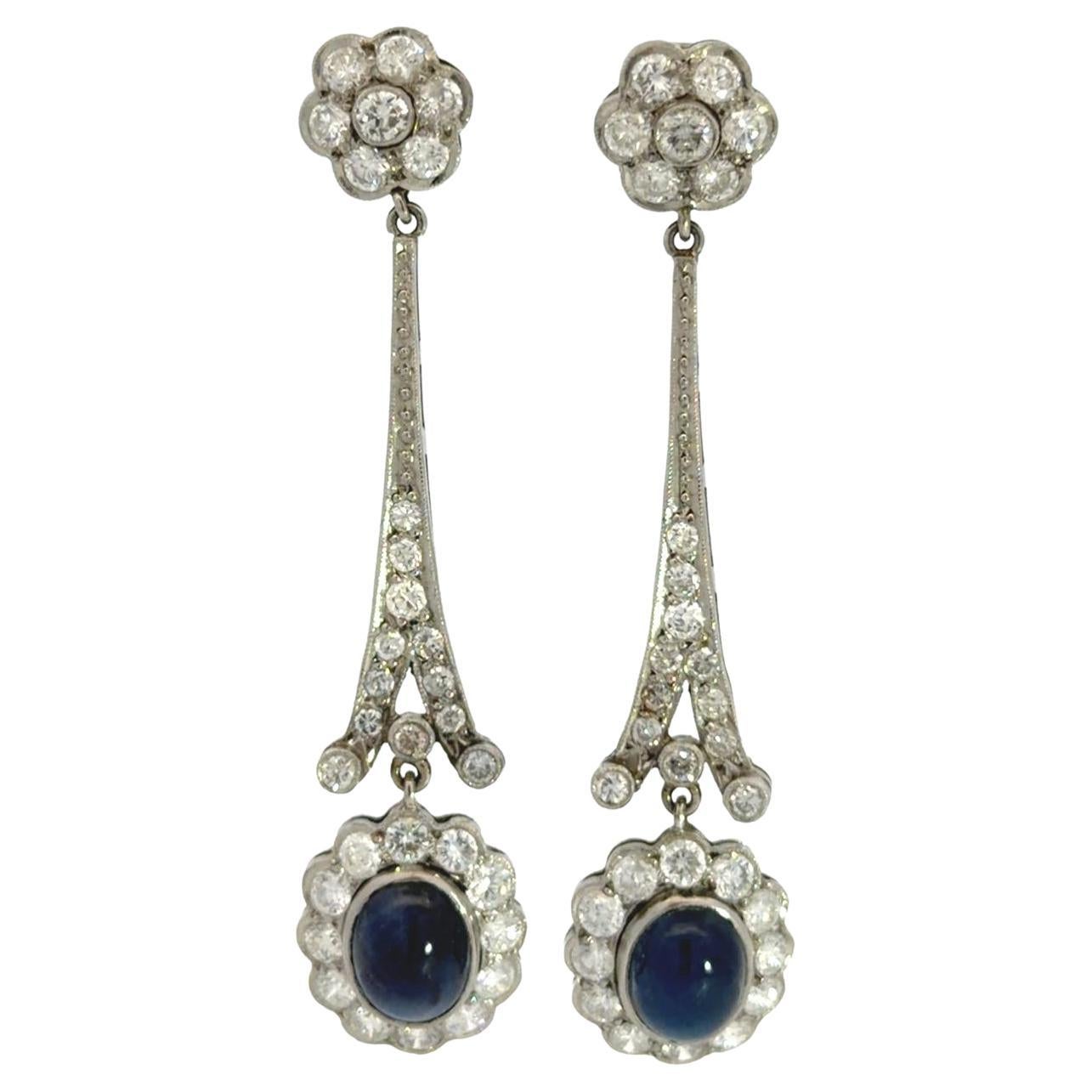 Platinum Diamond Sapphire Cabochon Dangle Long Earrings