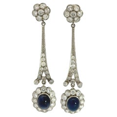 Platinum Diamond Sapphire Cabochon Dangle Long Earrings