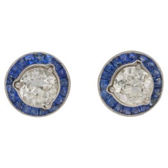 Platinum Diamond Sapphire Cluster Stud Earrings