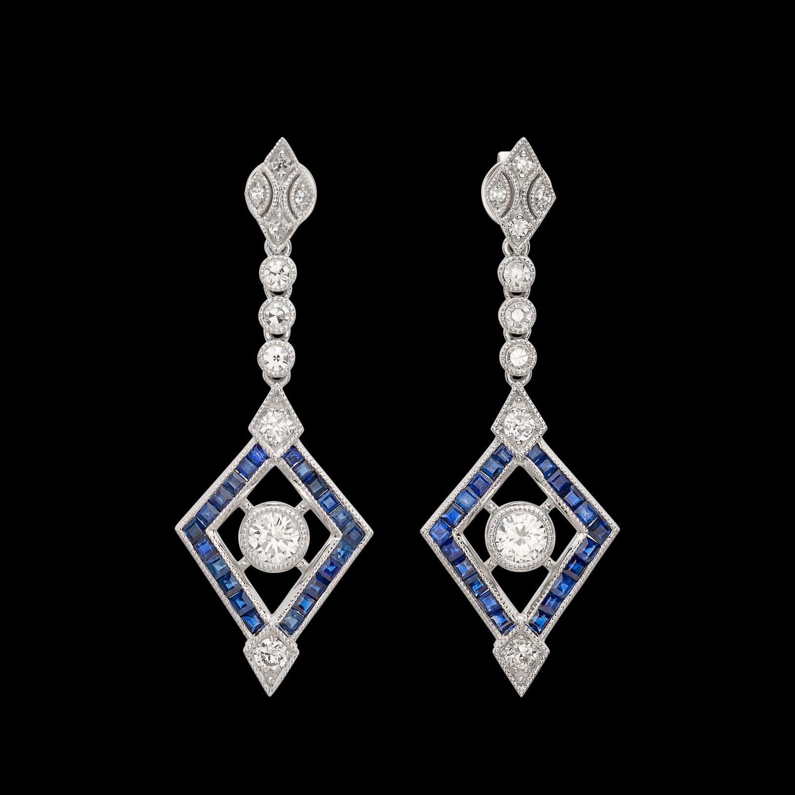 Art Deco Platinum Diamond & Sapphire Deco Style Dangle Earrings For Sale