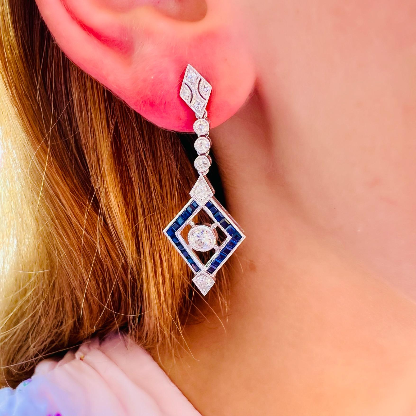 Round Cut Platinum Diamond & Sapphire Deco Style Dangle Earrings For Sale