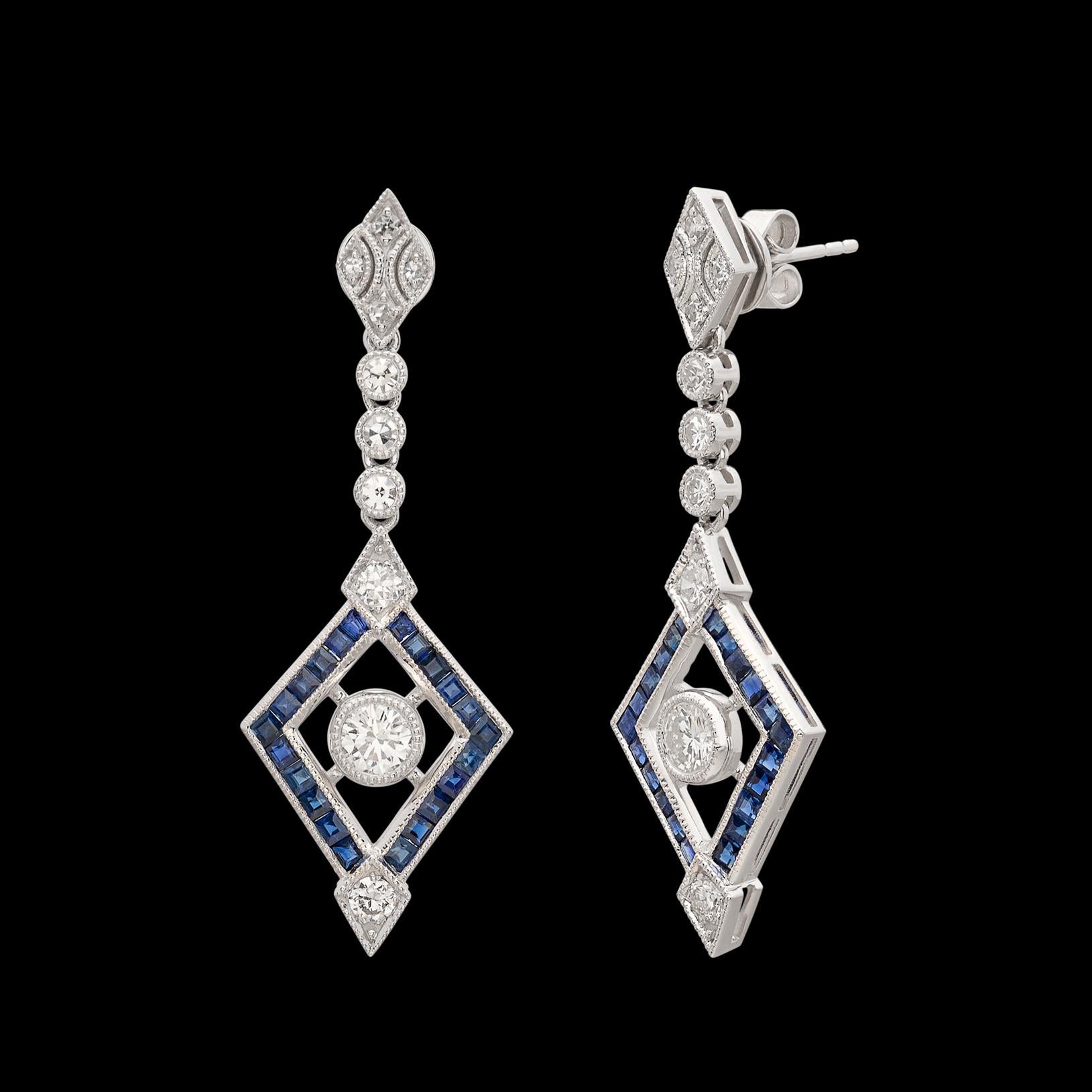 Platinum Diamond & Sapphire Deco Style Dangle Earrings In New Condition For Sale In San Francisco, CA
