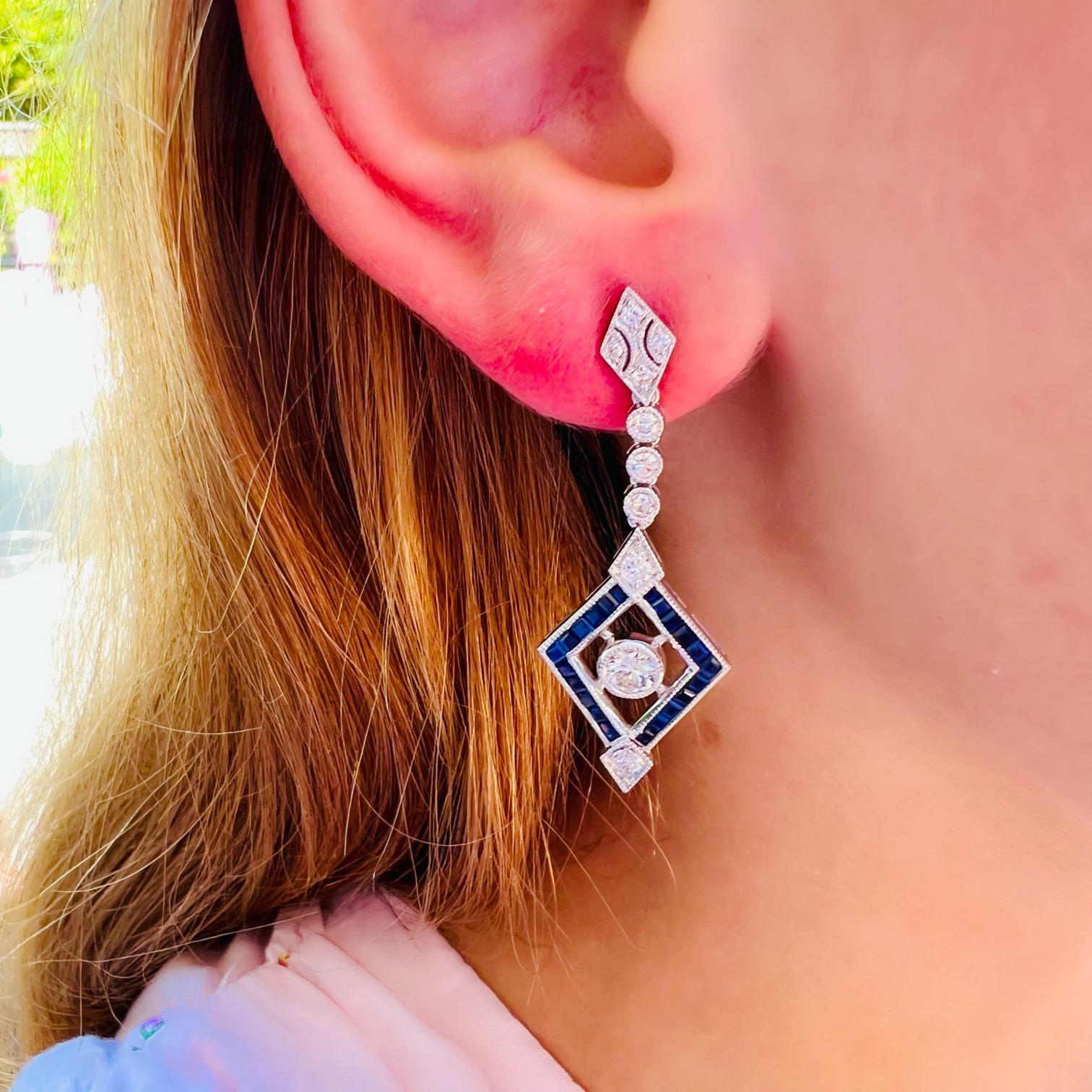 Women's Platinum Diamond & Sapphire Deco Style Dangle Earrings For Sale