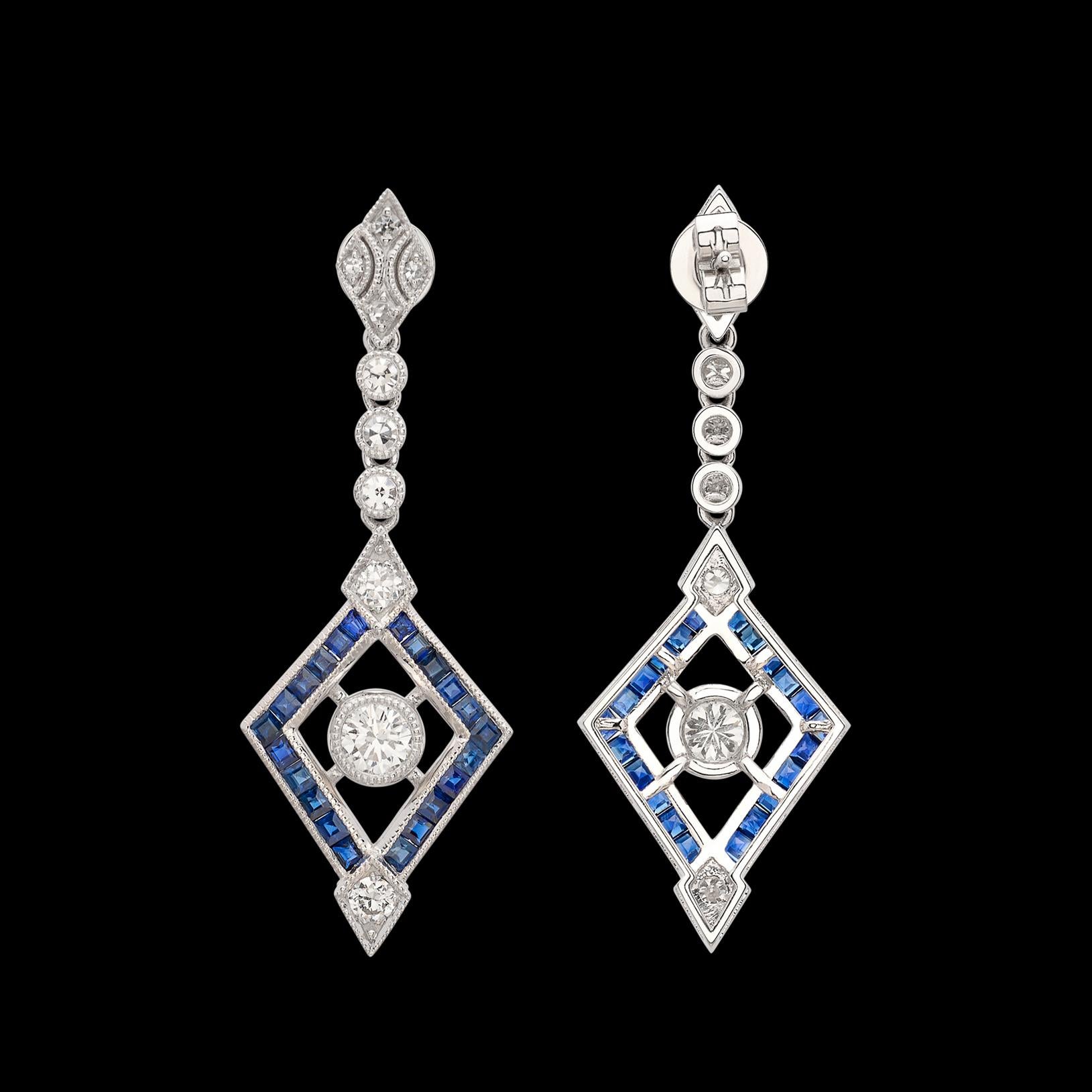 Platinum Diamond & Sapphire Deco Style Dangle Earrings For Sale 1