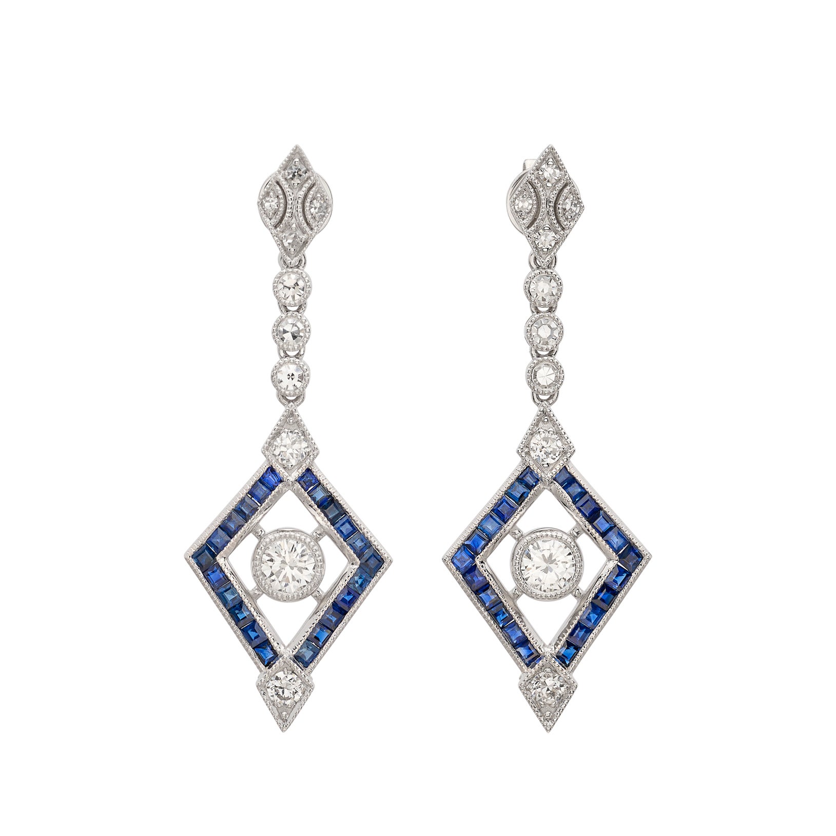 Platinum Diamond & Sapphire Deco Style Dangle Earrings For Sale