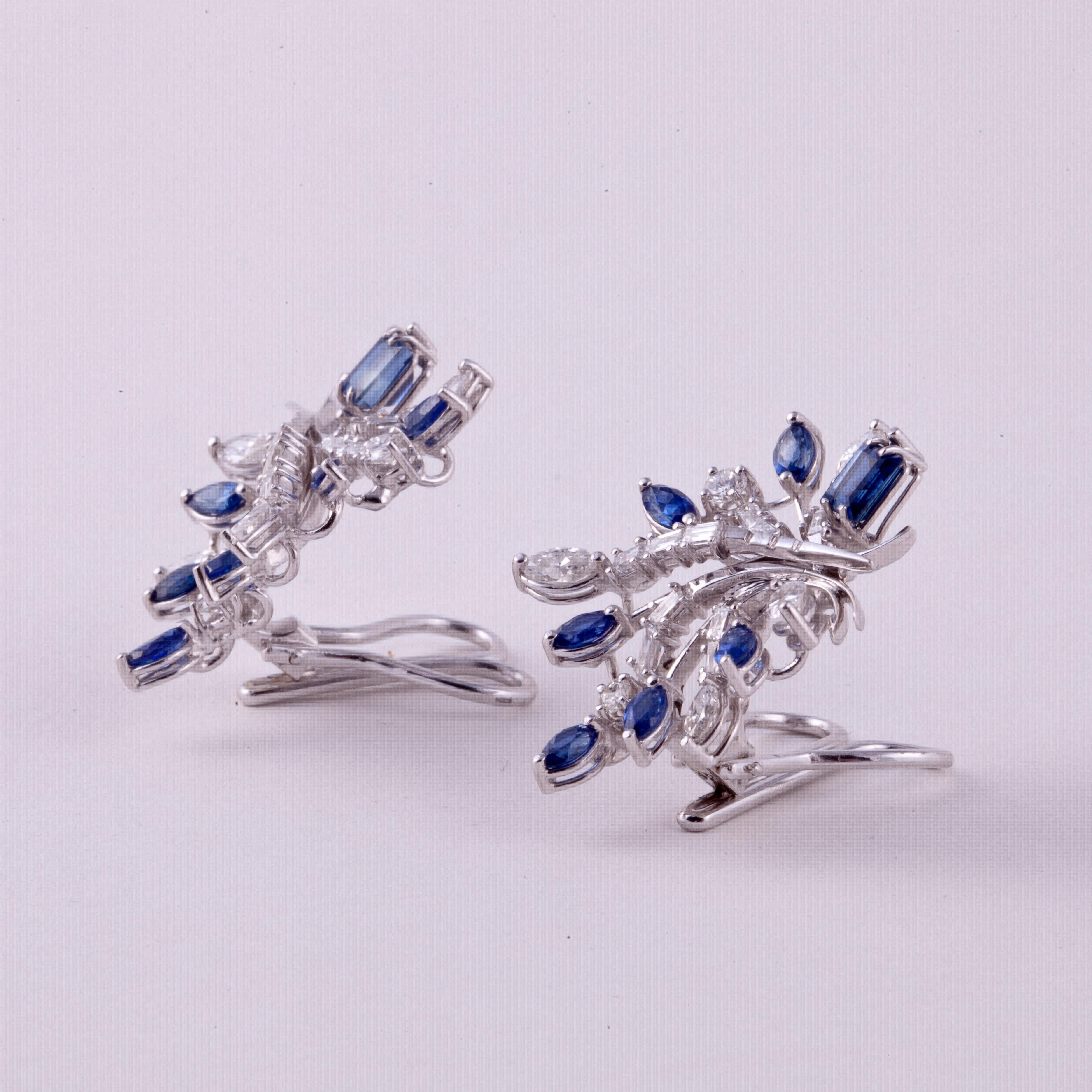 Mixed Cut Platinum Diamond and Sapphire Cluster Earrings For Sale