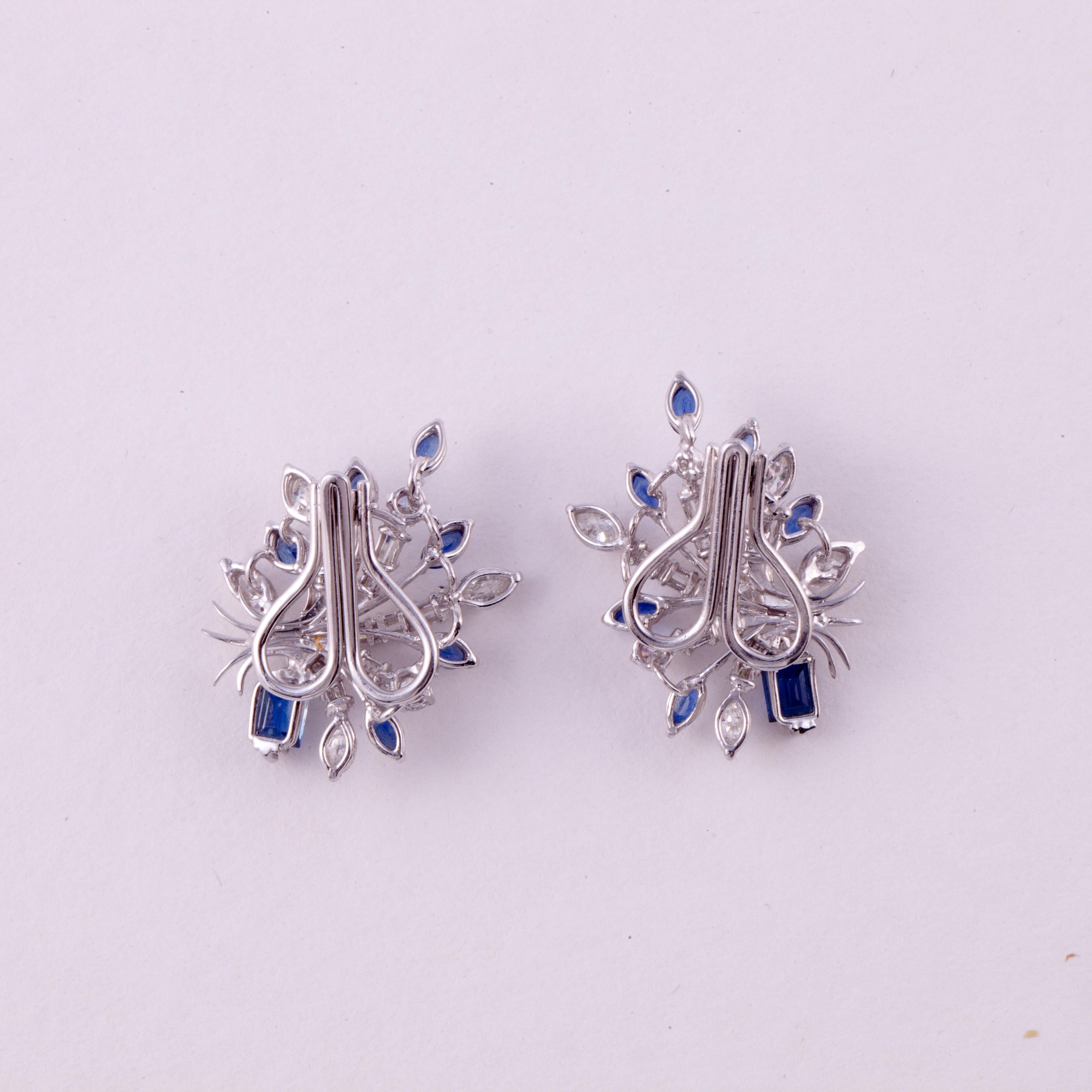 Platinum Diamond and Sapphire Cluster Earrings In Good Condition For Sale In Houston, TX