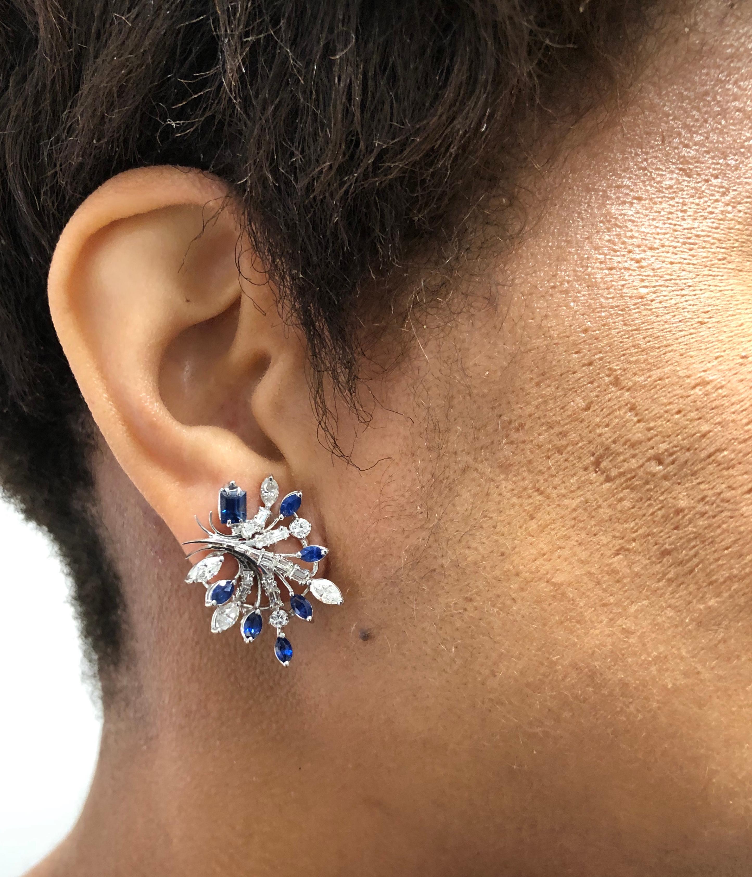 Women's Platinum Diamond and Sapphire Cluster Earrings For Sale