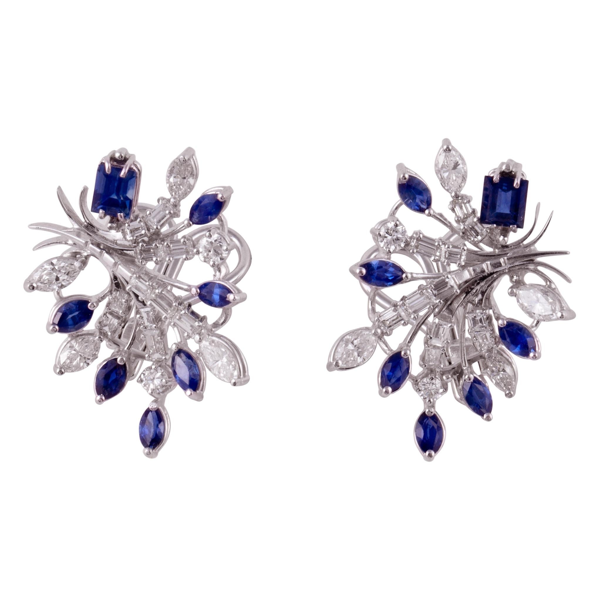 Platinum Diamond and Sapphire Cluster Earrings