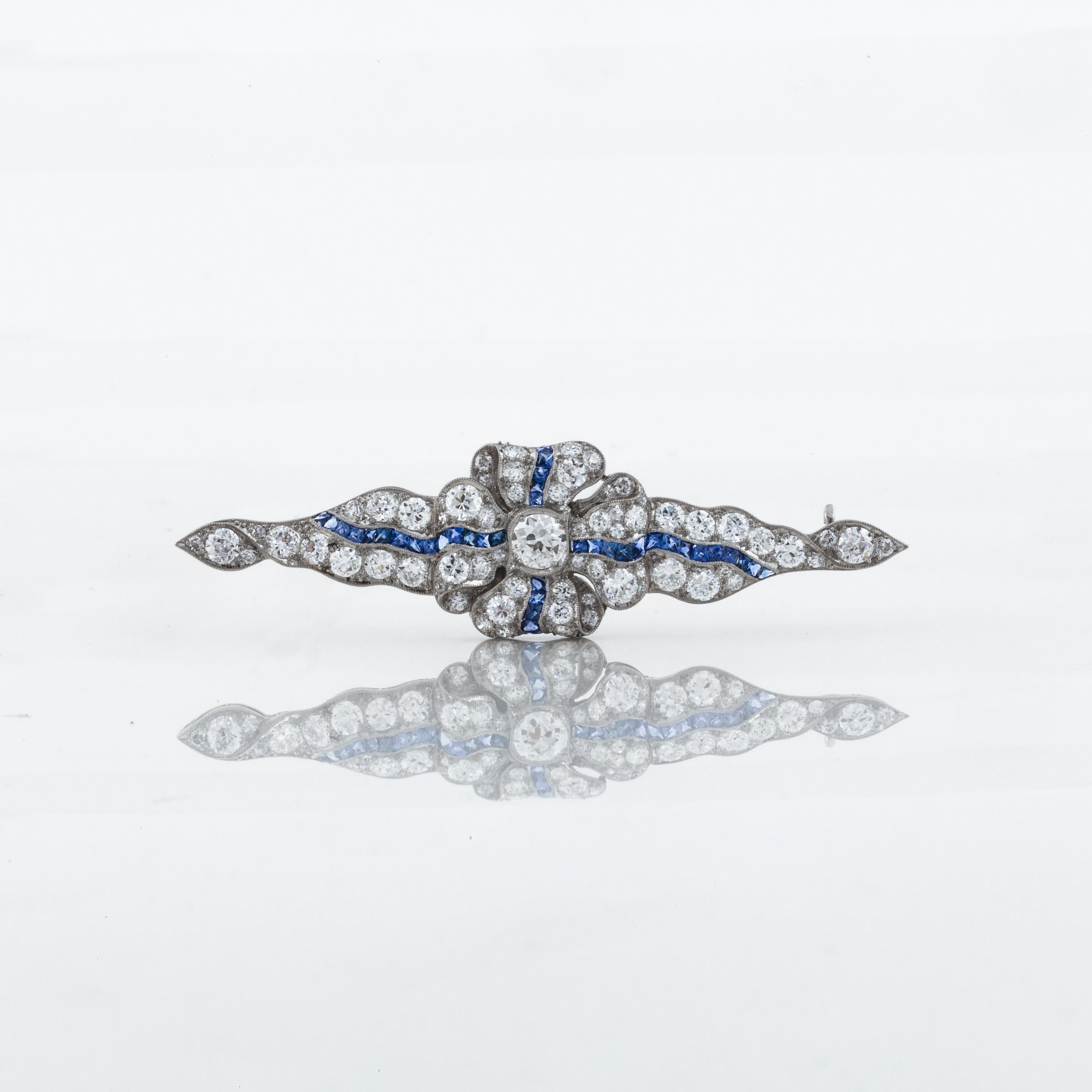 Mixed Cut Diamond and Sapphire Ribbon Pin in Platinum For Sale