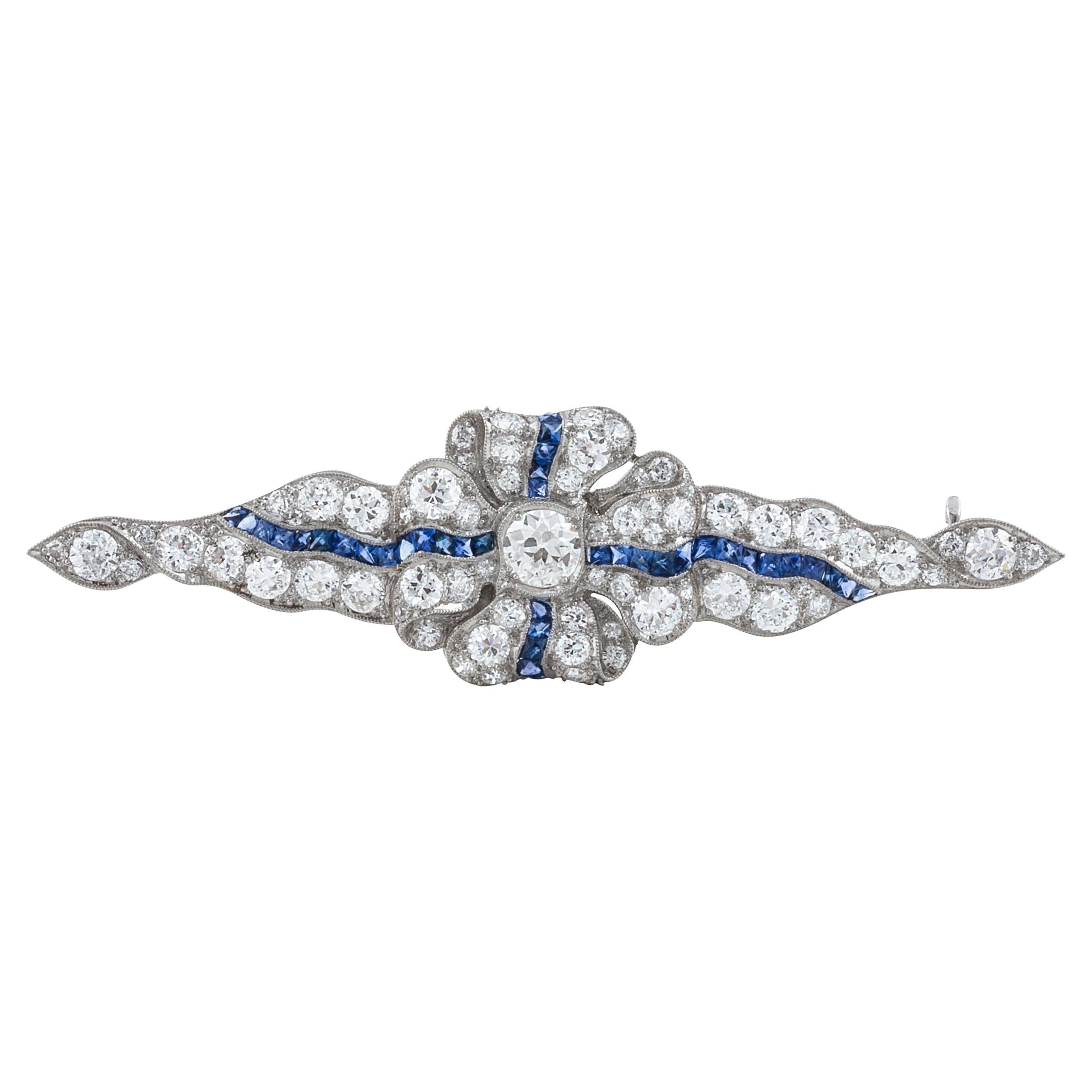 Art Deco 1920s Platinum and Gold  Diamond and Sapphire Ribbon Pin