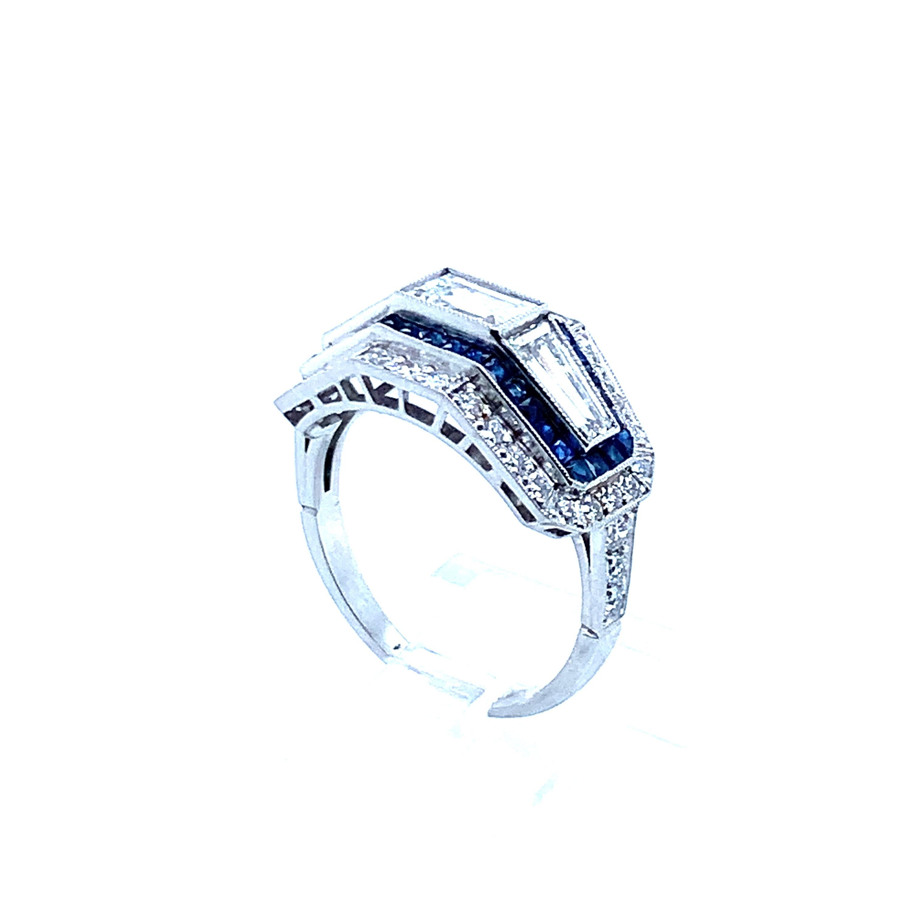 Baguette Cut Platinum Diamond Sapphire Ring For Sale