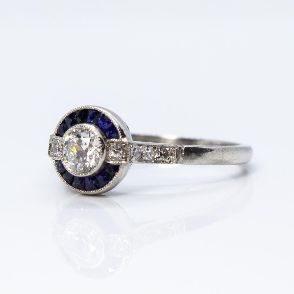 Old Mine Cut Platinum Diamond and Sapphire Ring