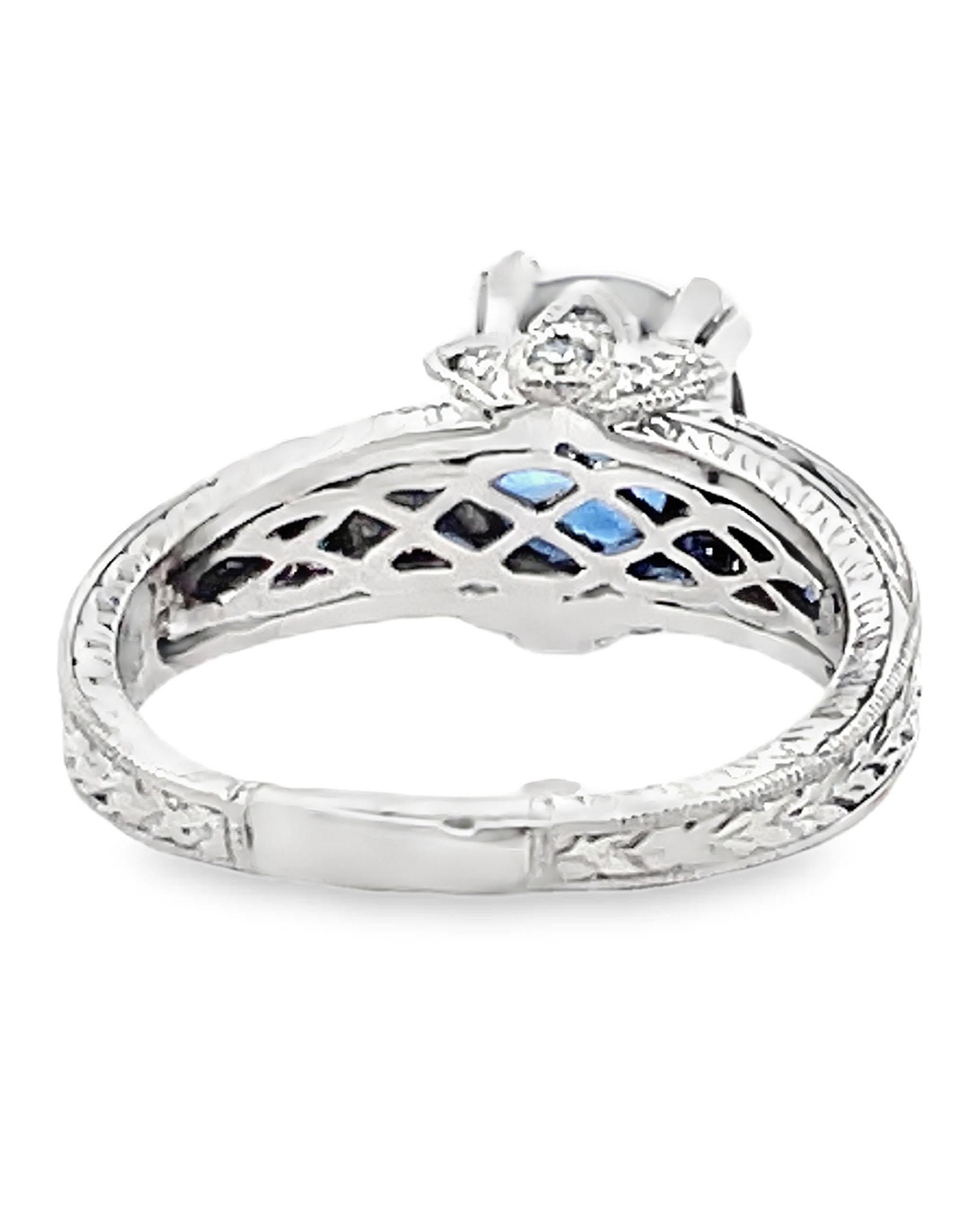 Contemporary Platinum Diamond & Sapphire Ring with Hand Engraving For Sale