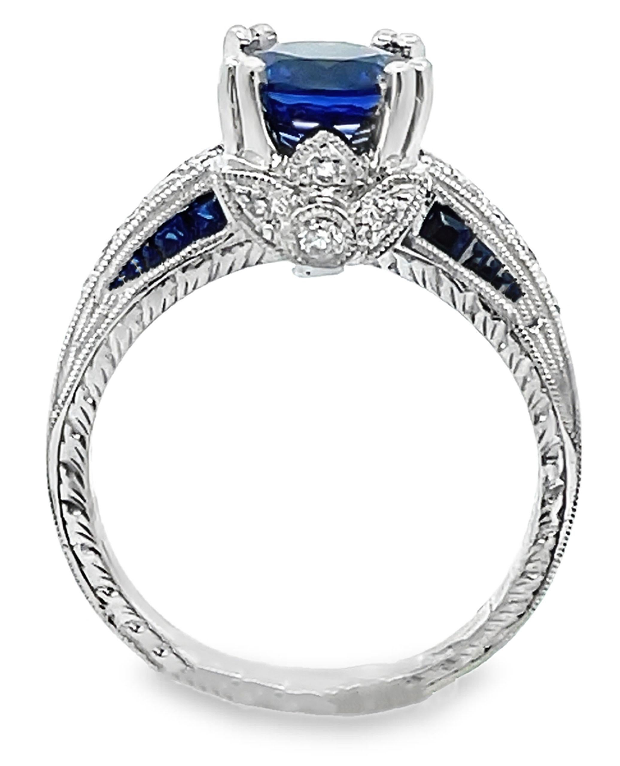 Mixed Cut Platinum Diamond & Sapphire Ring with Hand Engraving For Sale
