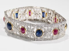 Platinum Diamond Sapphire Ruby Vintage Art Deco Style Bracelet