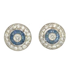 Platinum Diamond Sapphire Target Stud Earrings