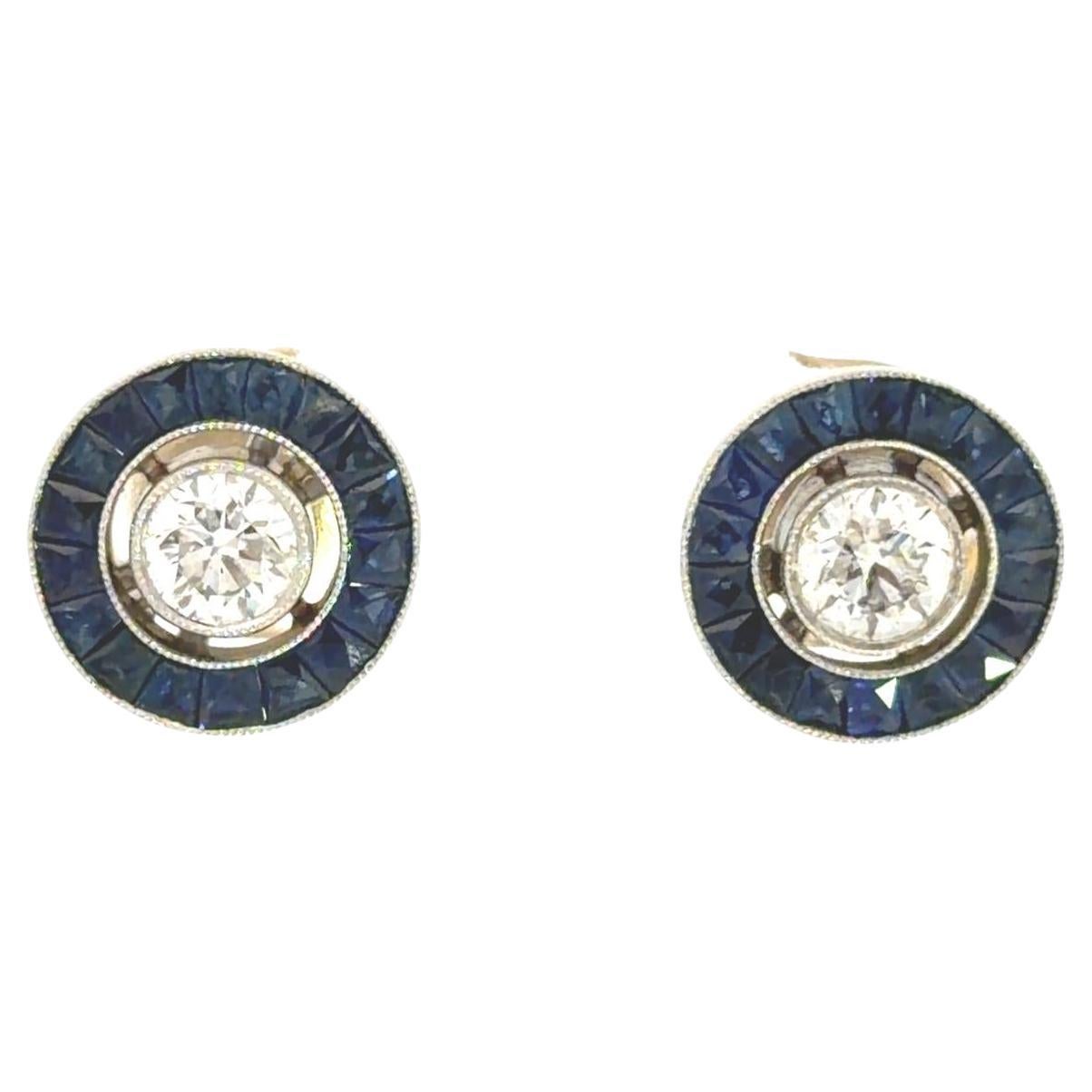 Platinum Diamond Sapphire Target Stud Earrings