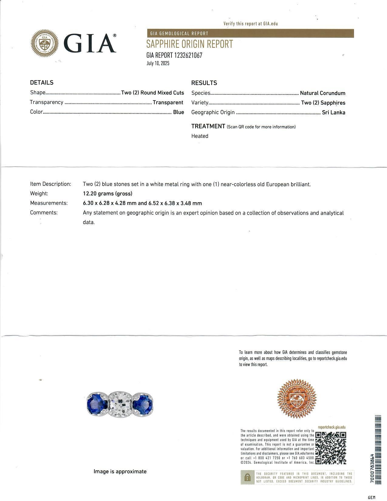 Bague à trois pierres en platine avec diamant et saphir en vente 7