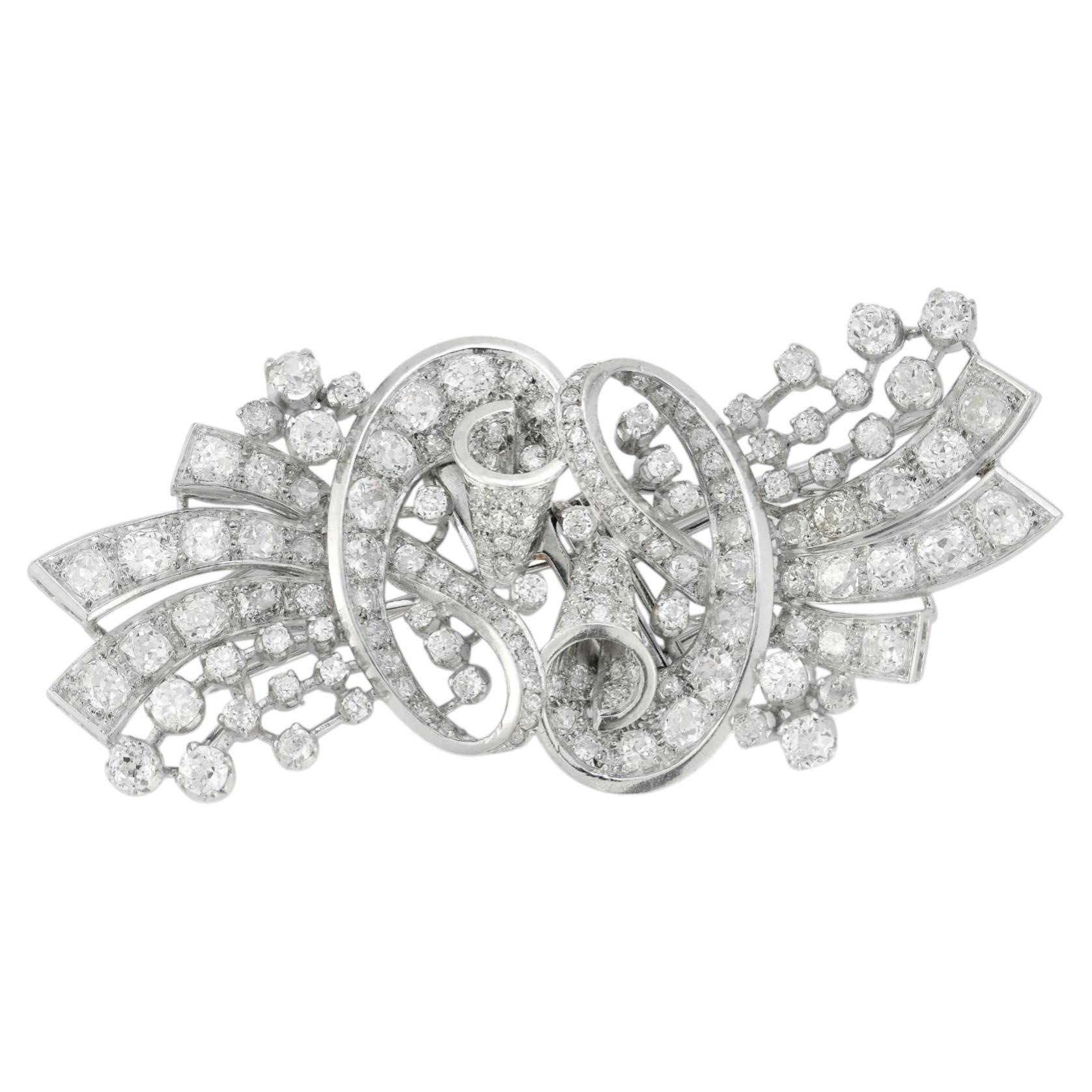 Platinum Diamond Scroll Convertible Double Clip Brooch For Sale