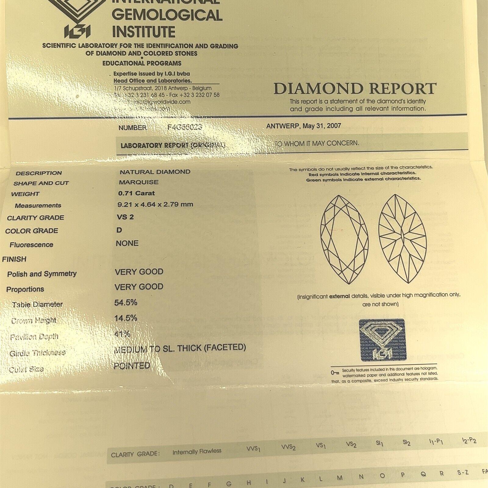 Bague solitaire sertie d'un diamant de forme marquise de 0,71 carat D/VS2 en vente 2