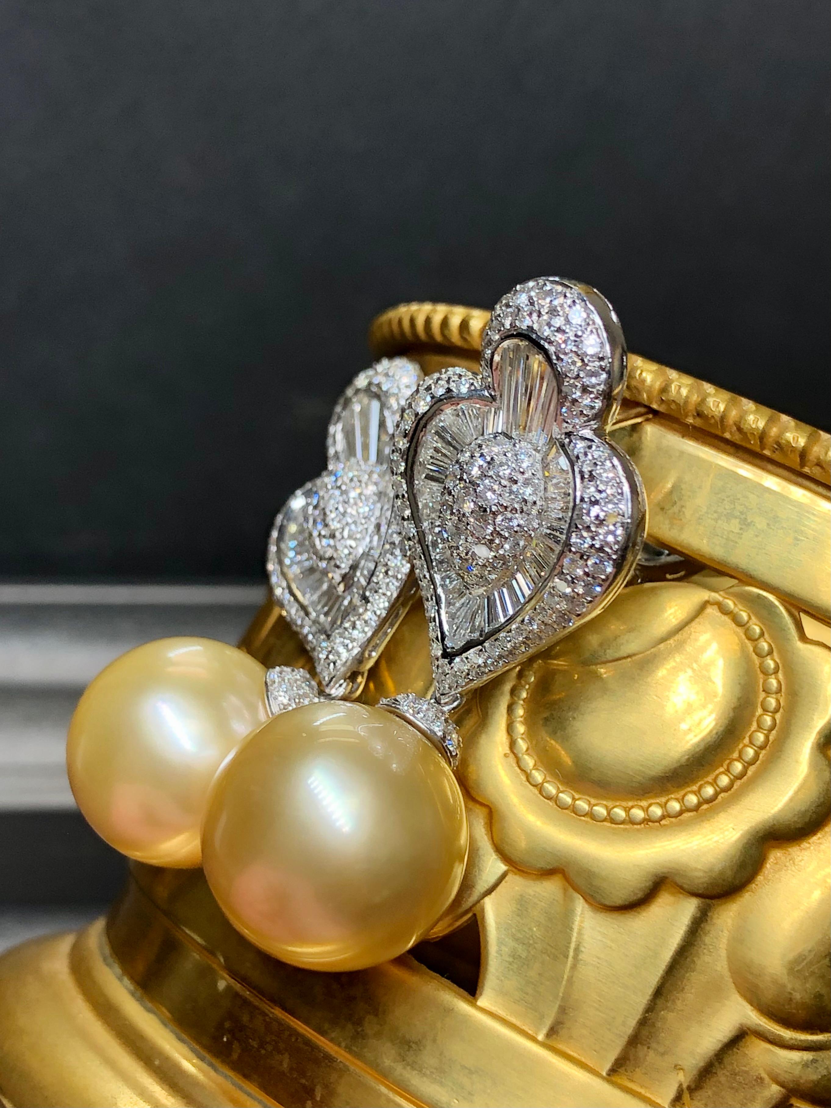 Estate Platinum Golden South Sea Pearl Baguette Diamond Earrings 15mm 6.50ctw For Sale 4