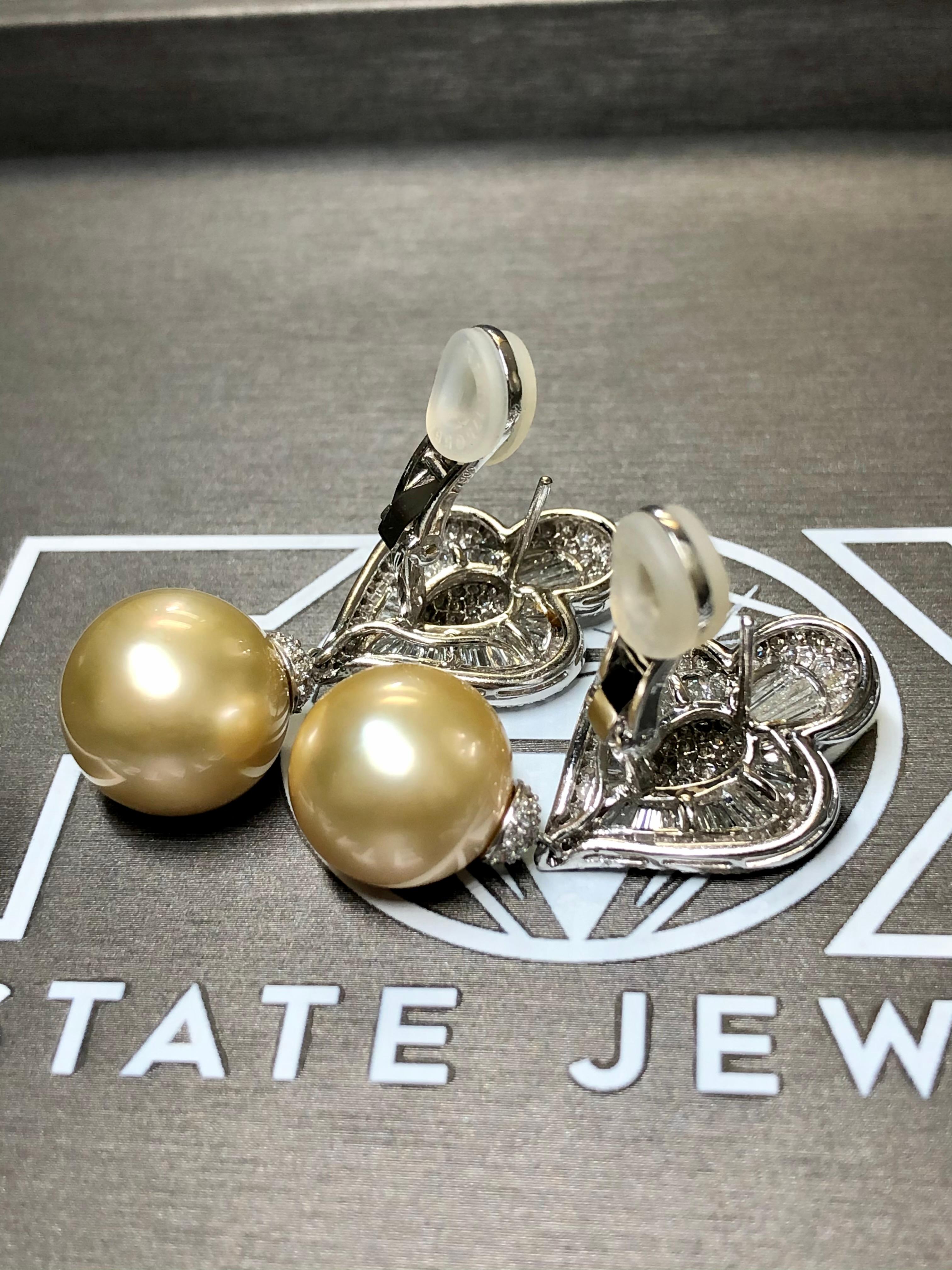 Estate Platinum Golden South Sea Pearl Baguette Diamond Earrings 15mm 6.50ctw For Sale 7