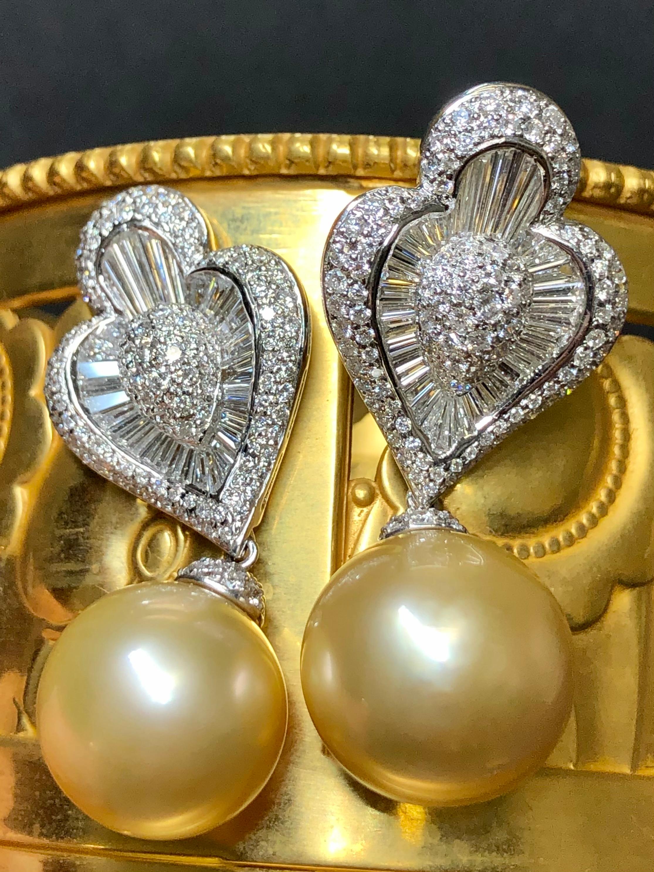 Estate Platinum Golden South Sea Pearl Baguette Diamond Earrings 15mm 6.50ctw For Sale 1