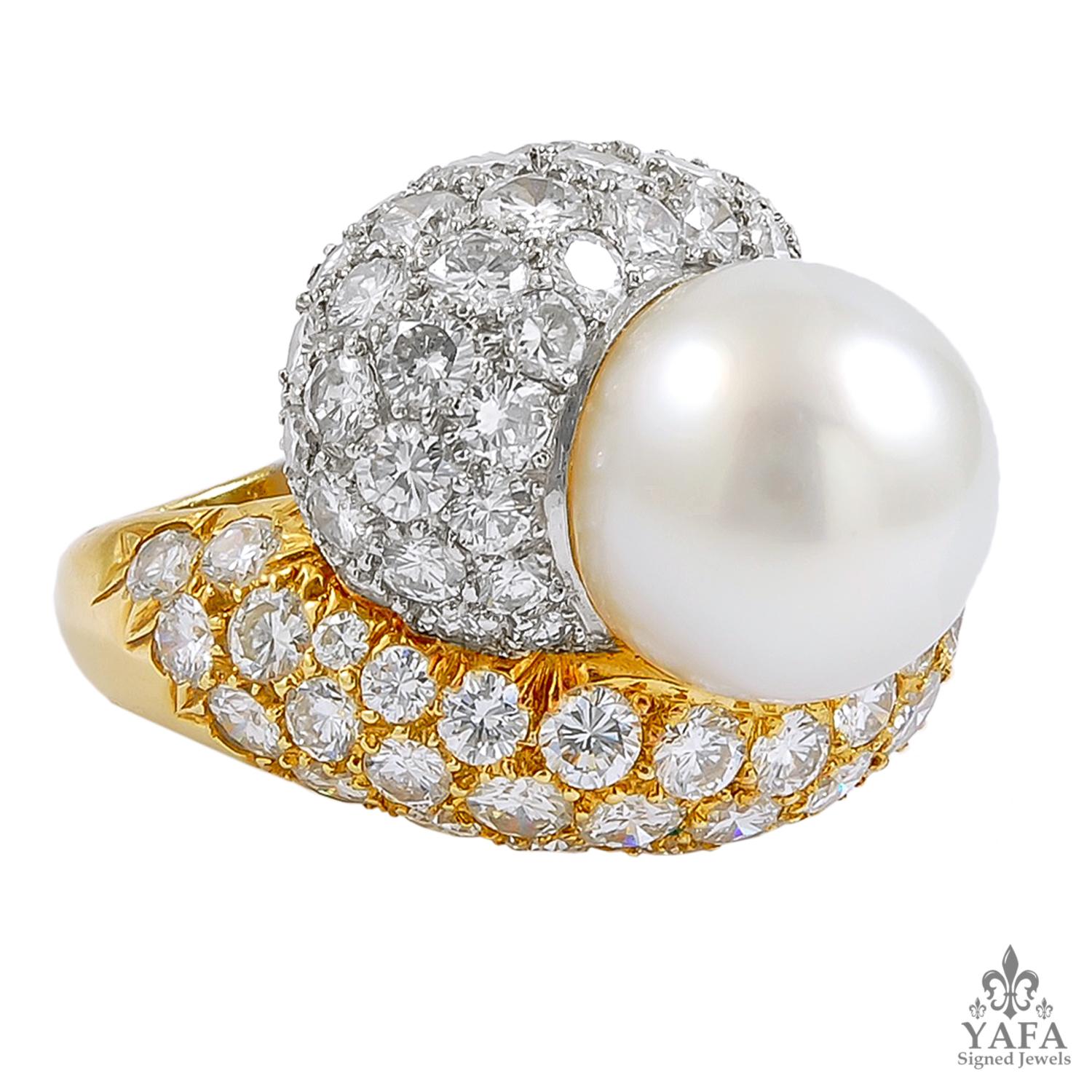 Round Cut Platinum Diamond South Sea Pearl Dome Ring For Sale