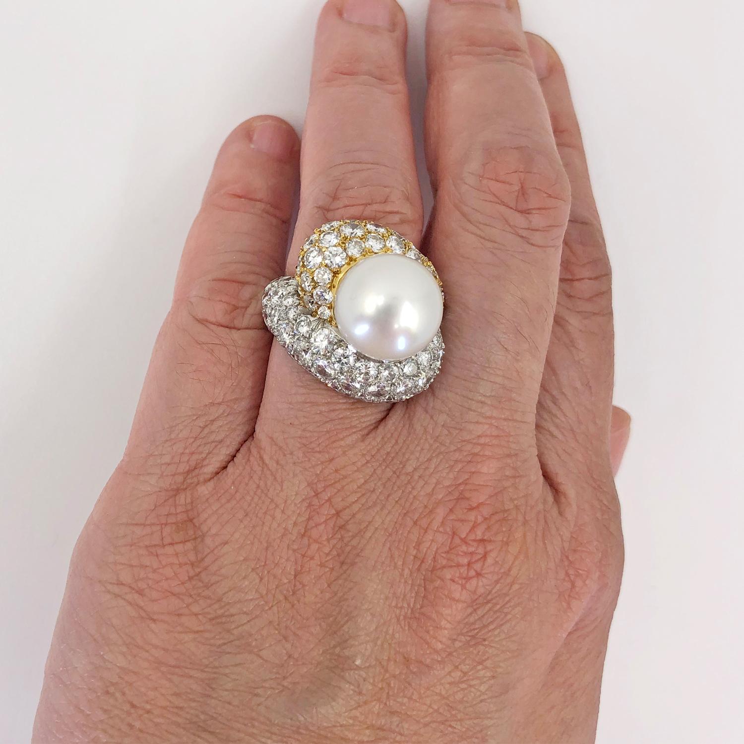 Women's Platinum Diamond South Sea Pearl Dome Ring For Sale