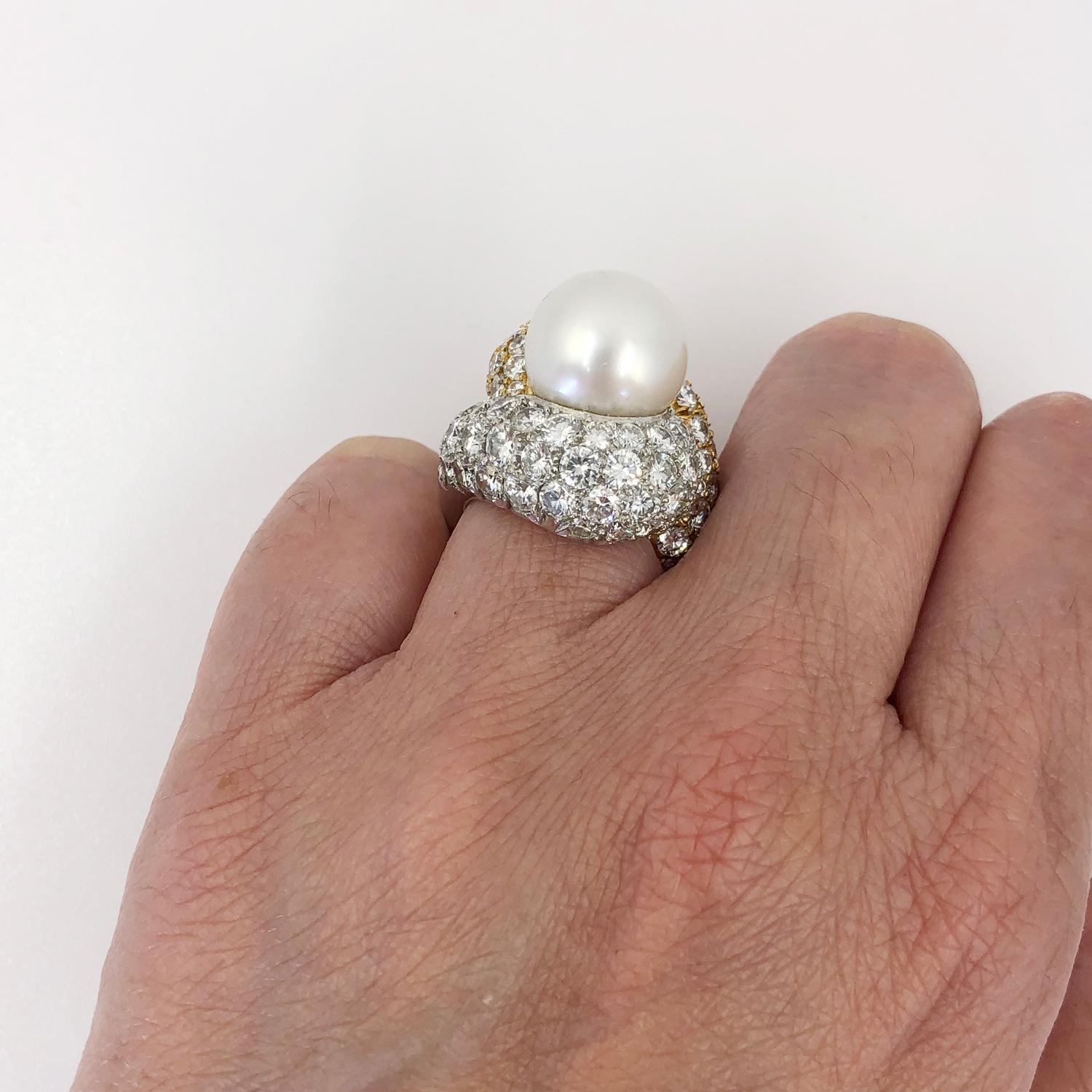 Platinum Diamond South Sea Pearl Dome Ring For Sale 1