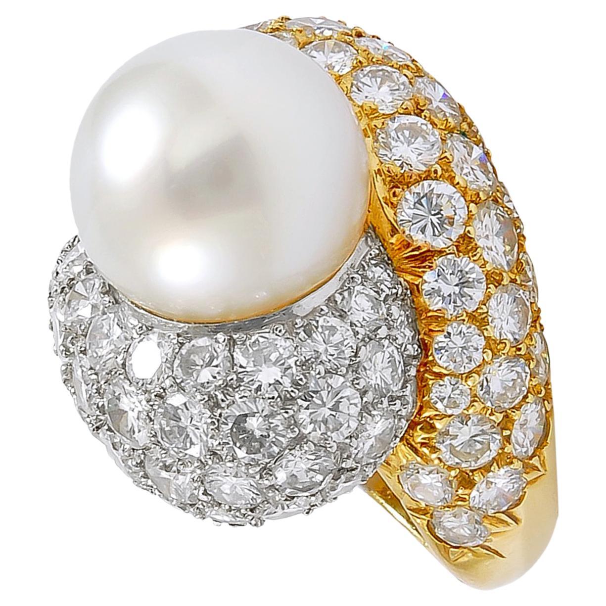 Platinum Diamond South Sea Pearl Dome Ring For Sale