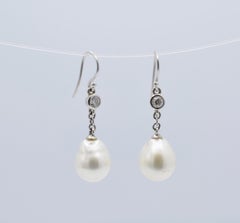 Platinum, Diamond and South Sea White Teardrop Pearl Earrings