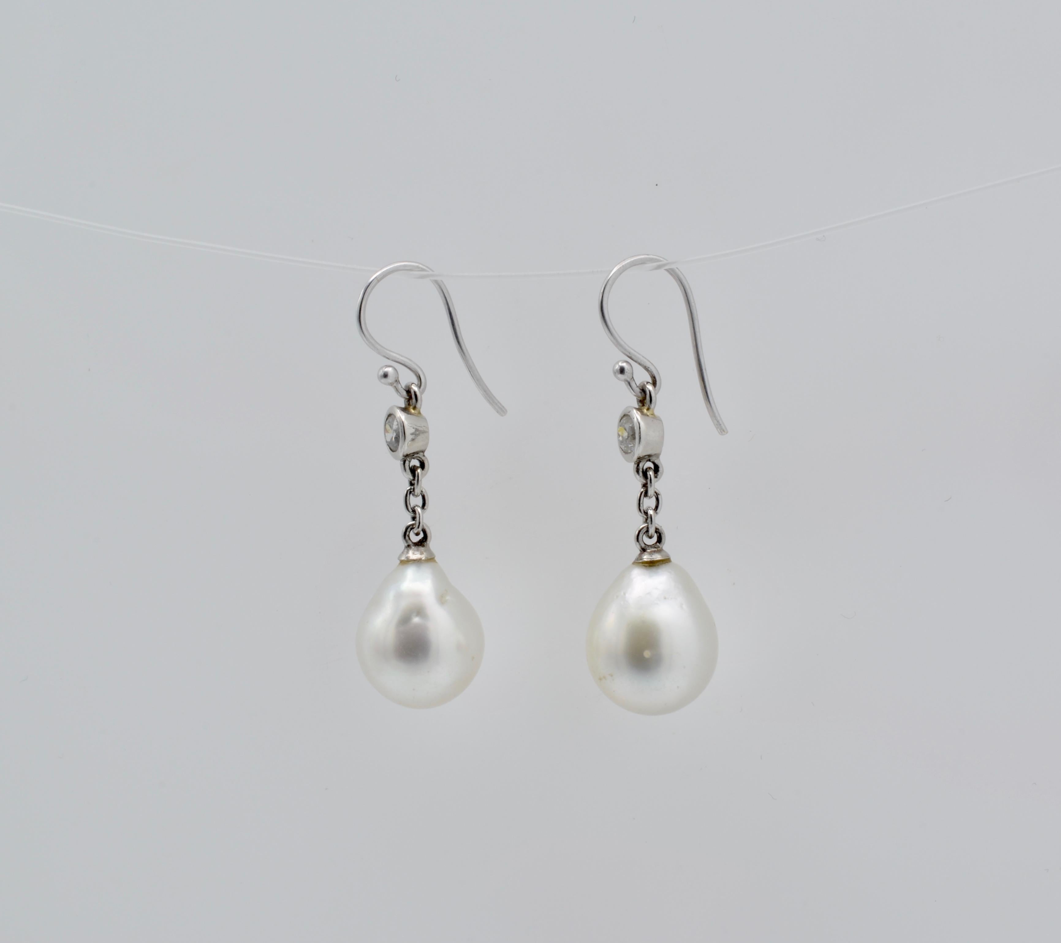 Romantic Platinum, Diamond and South Sea White Teardrop Pearl Earrings