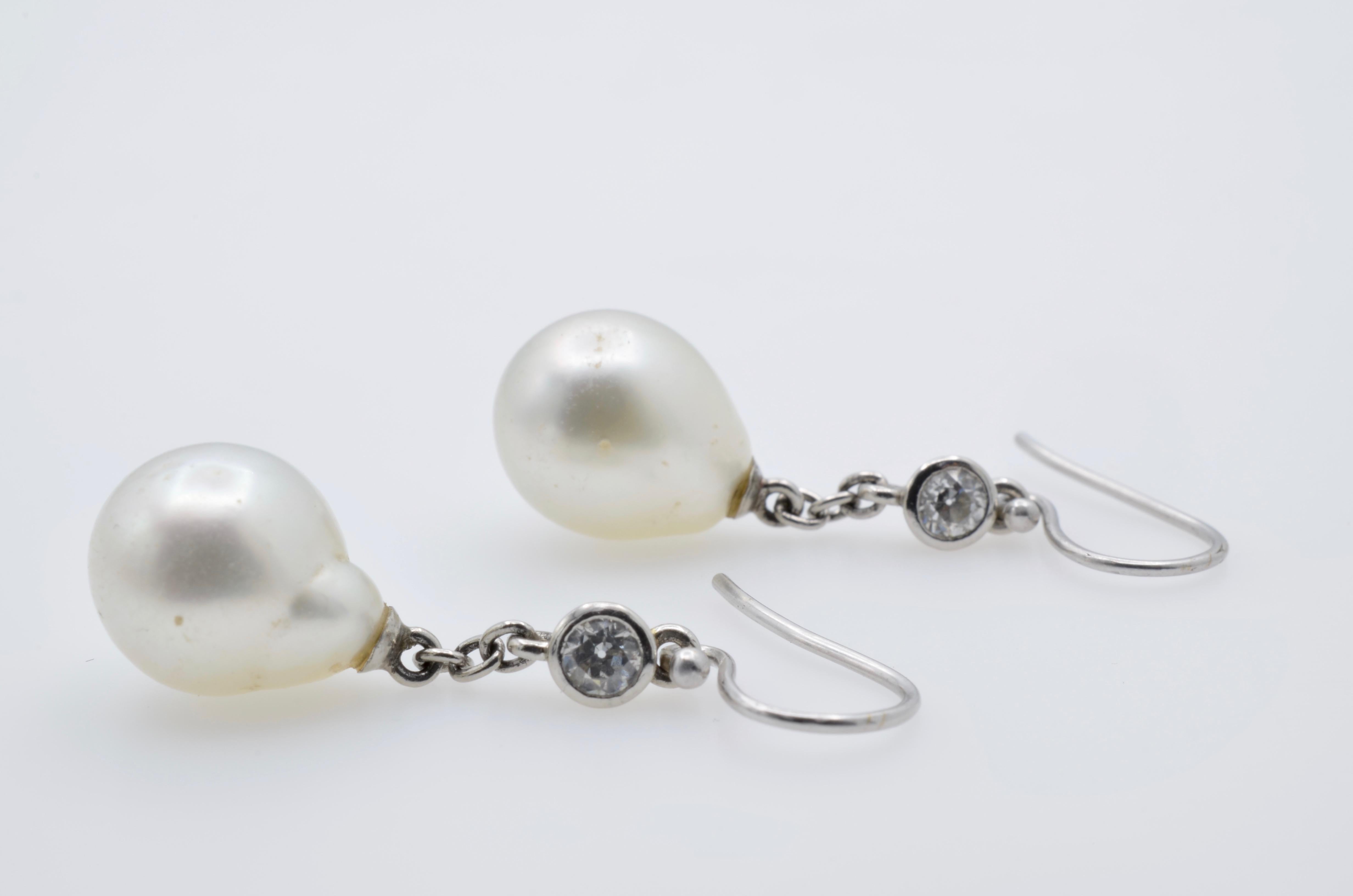 Round Cut Platinum, Diamond and South Sea White Teardrop Pearl Earrings