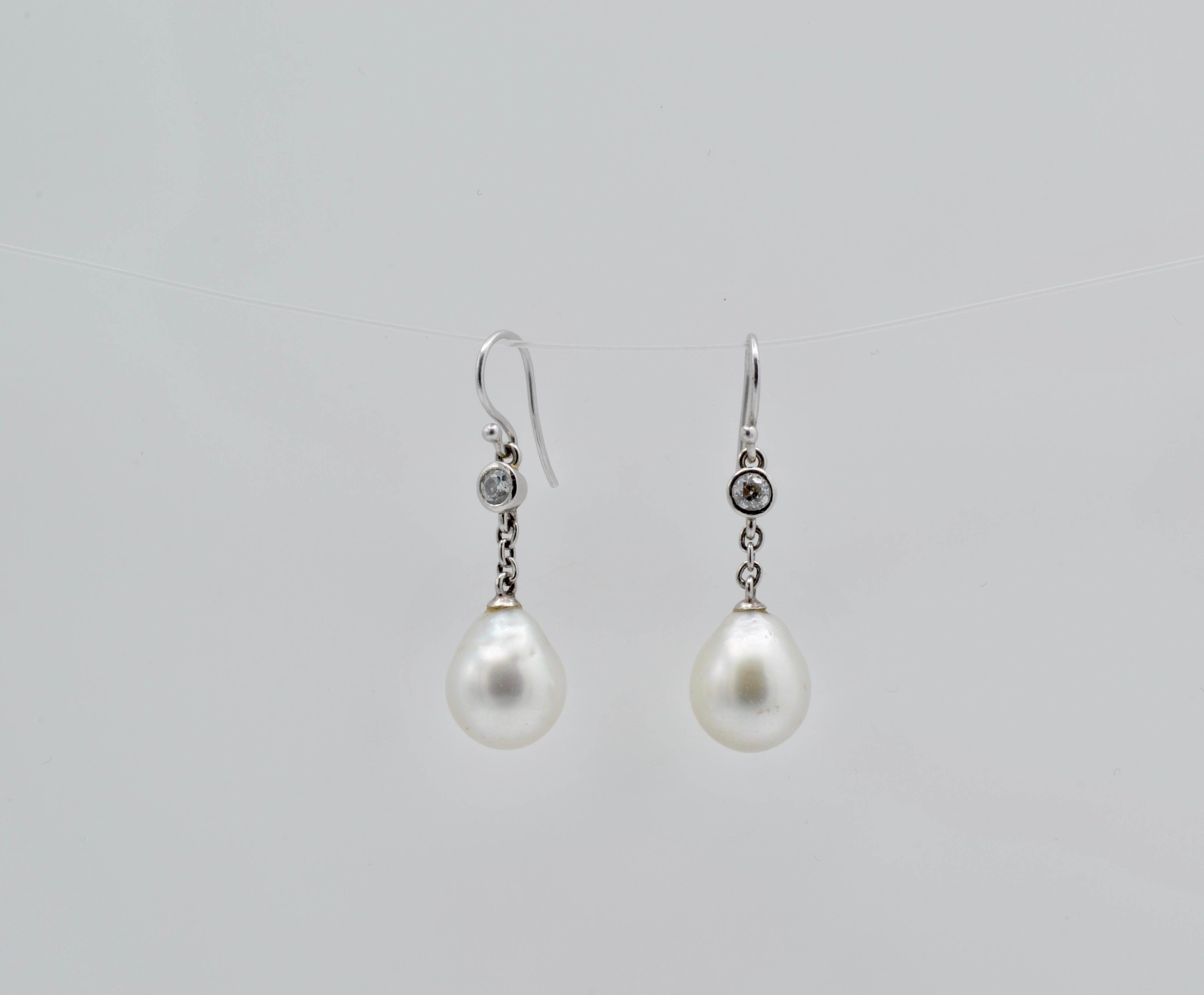 Platinum, Diamond and South Sea White Teardrop Pearl Earrings In New Condition In Berkeley, CA