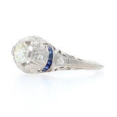 Platinum Diamond and Synthetic Sapphire Art Deco Engagement Ring .48 Carat GIA