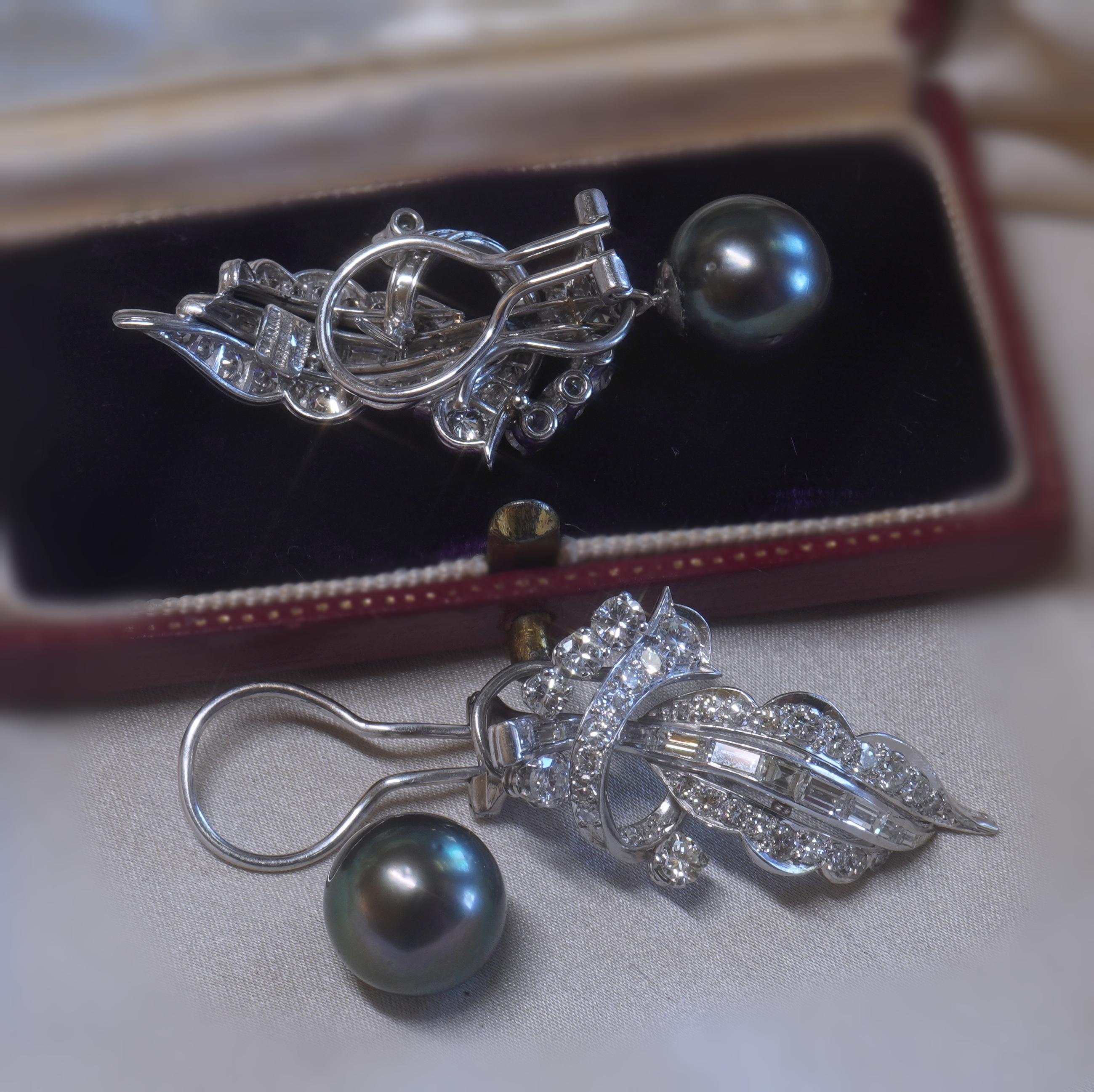 Platinum Diamond Tahitian Pearl Earrings Vintage GIA VVS Antique Huge 5.80 Cts For Sale 4
