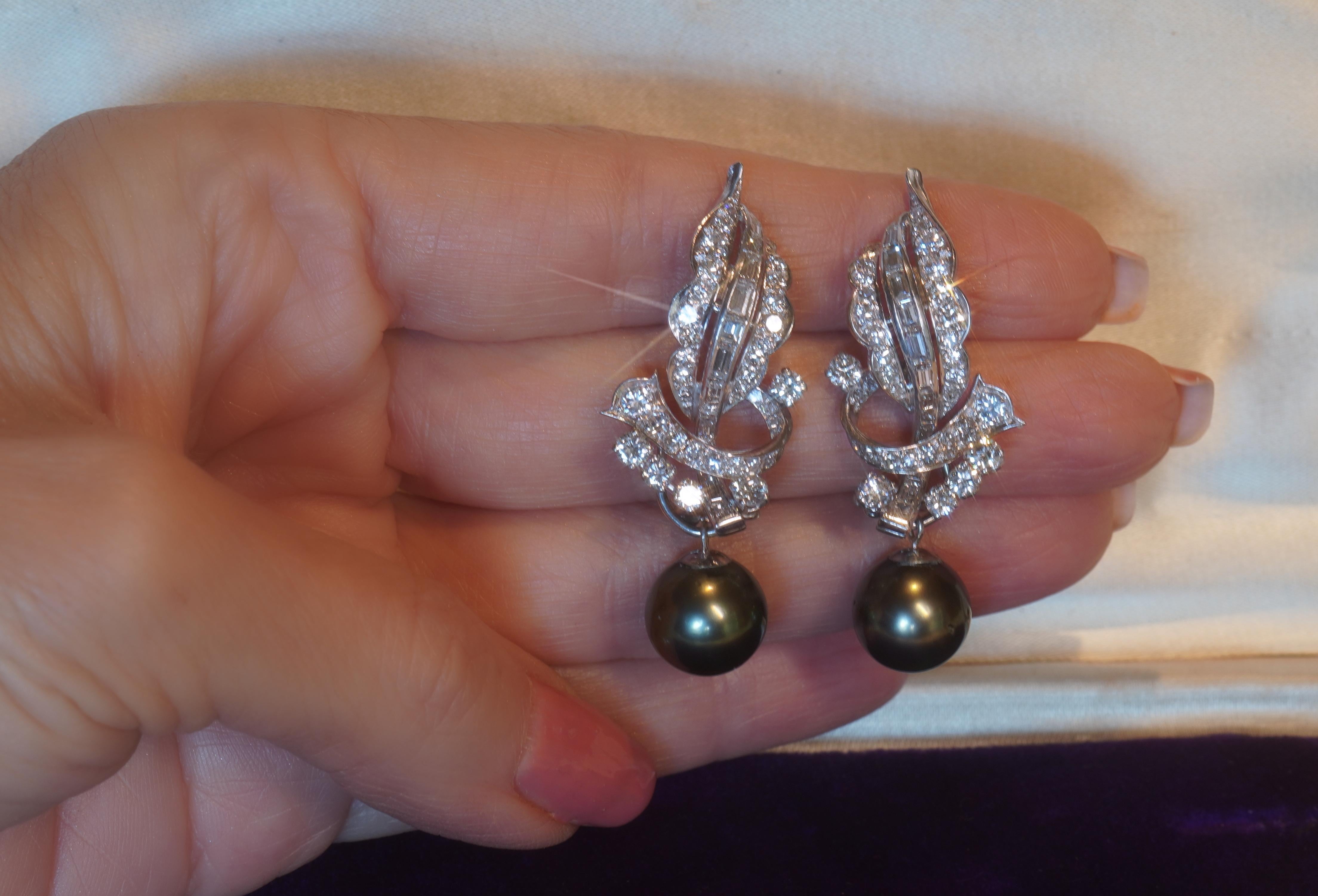 Platinum Diamond Tahitian Pearl Earrings Vintage GIA VVS Antique Huge 5.80 Cts For Sale 5